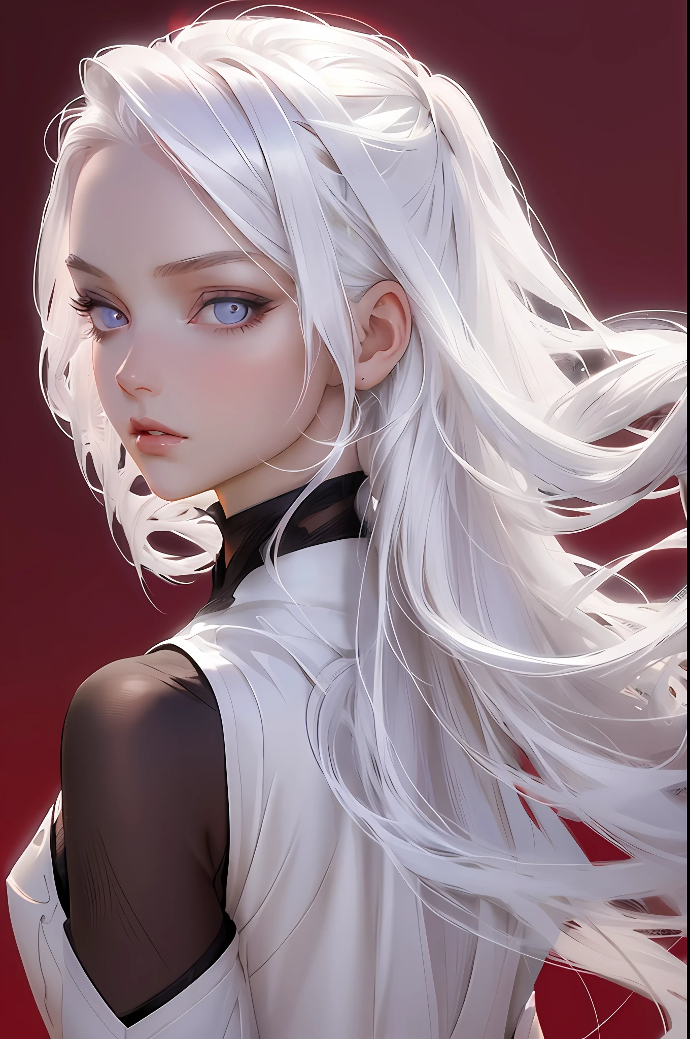 1girl, detailed beautiful face and eyes, white hair, ballerina, arabesque, minimalism, gun, side view, bright red background, simple background, fisheye, masterpiece, highest quality, highest quality, official art, beautiful and aesthetic, animation, raise ass, anime girl with white hair and blue eyes, white hair girl, perfect gray hair girl, detailed digital anime art, gray hair, anime girl detailed portrait, stunning anime face portrait, beautiful anime portrait, Digital Anime Art, Smooth Anime CG Art, White Hair, Detailed White Long Hair, White Hair Woman, White Hair God