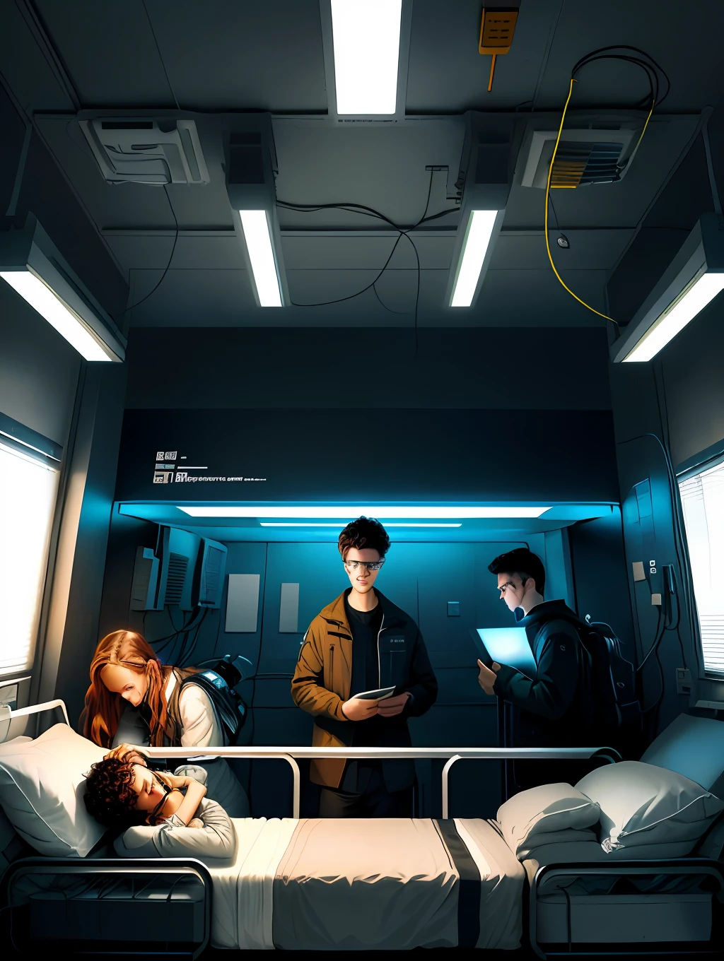 Draw the cover of Chapter 2 of the book with Ethan, Amelia, and Adam together, looking out over the NeuroTech test room, with patients sleeping in beds with cables plugged into their heads. The background can be dark and gloomy, giving the feeling of danger and suspense. Put the title "The Hidden Perils" prominently, with the futuristic-style font to show the connection to the book's technology.