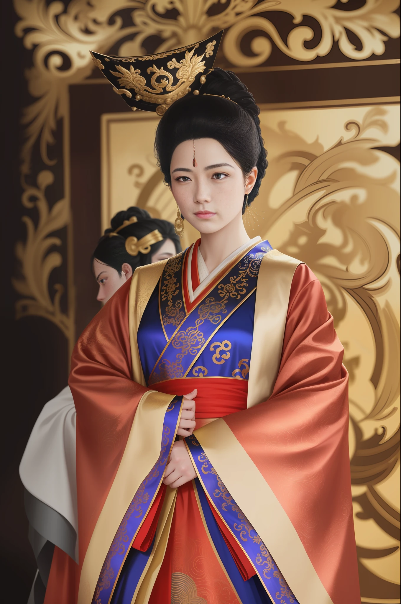 Wu Zetian, the first female emperor of China, female emperor of China, inspired by Max Magnus Norman, complete portrait of the electronic master, inspired by Jean Bello, Nicolas Tesla, Guillium Pongiruppi, portraits of characters, Luis Ricardo Farero, portraits of epic elegance, Santiago Martínez Delgado, Frank Xavier-Linedecker style digital figure concept art, white, science illustration, Magali Villeneuve, Walt Disney, Light realistic depiction style, light realistic depiction, simplified and stylized portrait, surreal, animated energy, surreal portrait