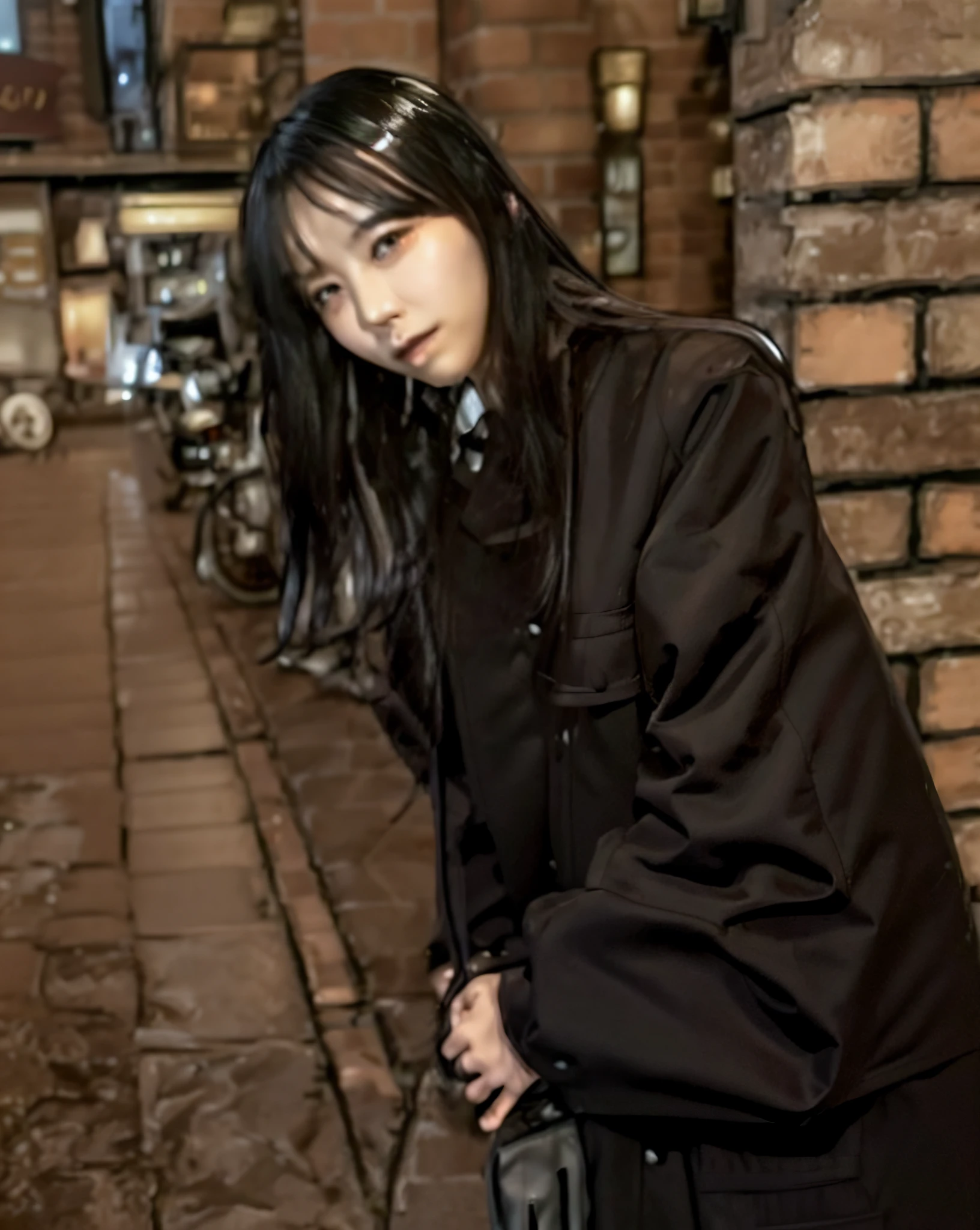 woman in black coat leaning against brick wall on sidewalk, sui ishida with black hair, she has black hair with bangs, of a youthful japanese girl, japanese city street fashion, chiho, style of junji ito, japanese street fashion, wearing japanese techwear, anime girl in real life, japanese clothes, japanese streetwear