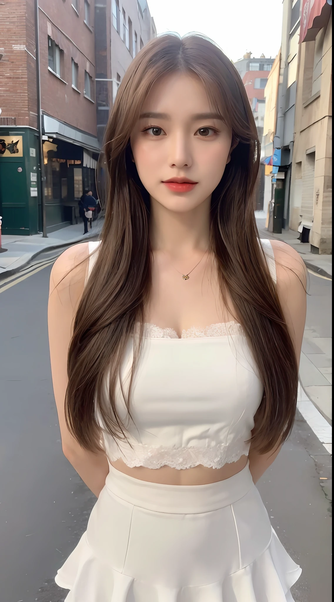 ((Best Quality, 8K, Masterpiece: 1.3)), (Lace Top with Skirt: 1.3), Focus: 1.2, Perfect Body Beauty: 1.4, Buttocks: 1.2, (Layered Haircut: 1.2)), (Dark Street: 1.3), Highly Detailed Face and Skin Texture, Full Body, Fine Eyes, Double Eyelids, Whitened Skin, Long Brown Hair, (Round Face: 1.5), (: 1.6)