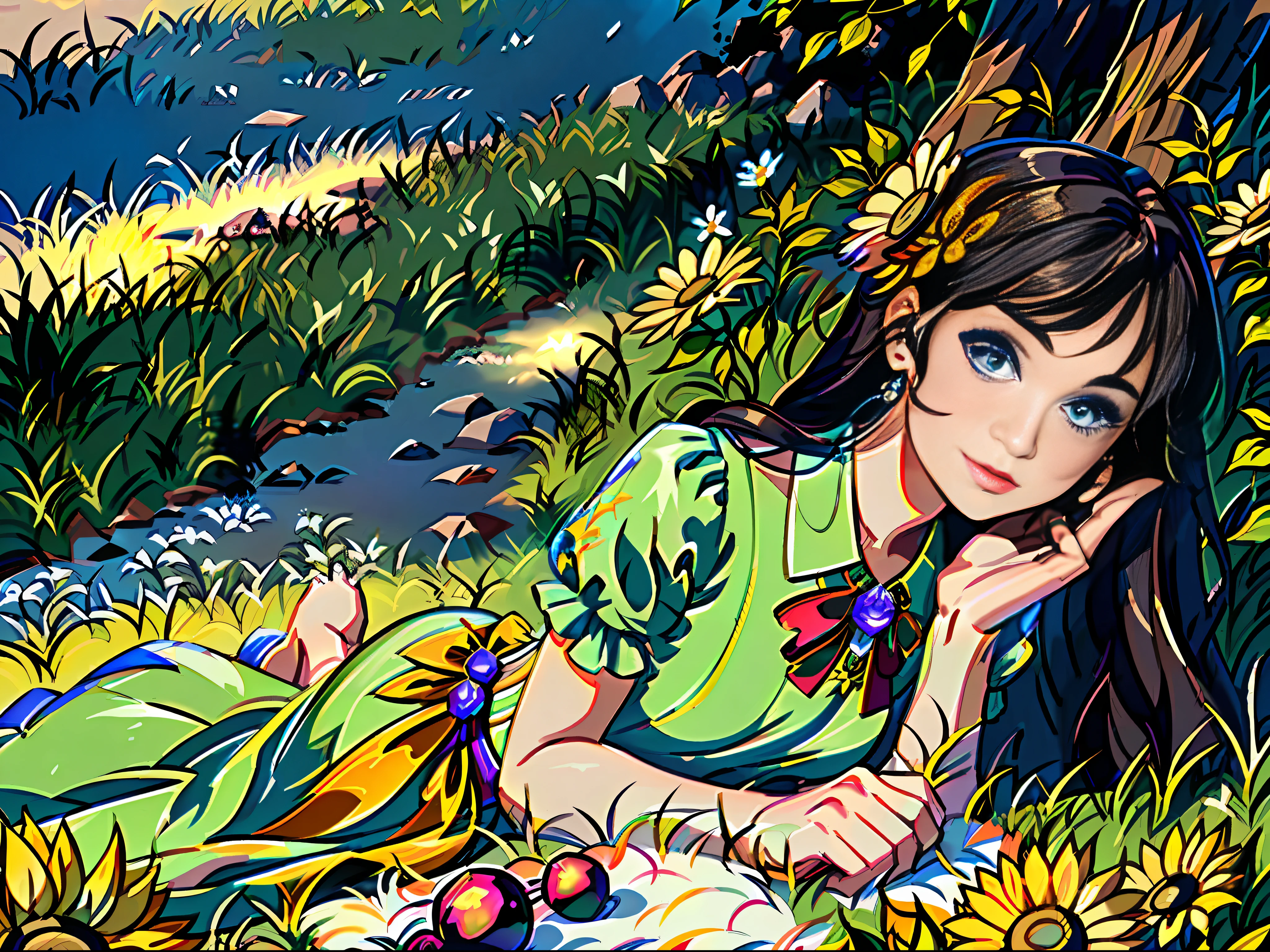 (Modern, masterpiece, top picture quality, best lighting, exquisite facial features, perfect face, glowing skin, perfect details, lighting, a young girl with a noble temperament, dressed in a gorgeous dress, lying on the grass.) Beautiful flowers all around. )