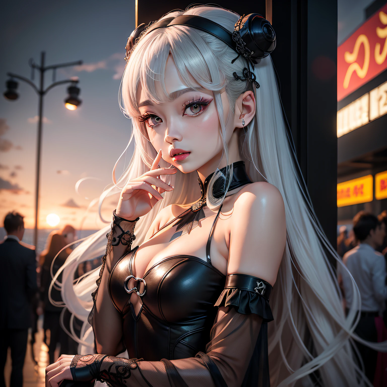 silver hair, surrealism, blind box toy style, high detail, Cubist Futurism, Renaissance, cinematic lighting, sparkle, UHD, retina, high quality,1 girl, female focus, alone, reality, brunette hair, blur, portrait, blurred background, outdoors, looking at the audience, Shut your mouth, seaside, sunset, lips, sun, long hair, dark eyes, inspired by Hani Kiz, Guan Xiaotong, Yang Zi, Zhao Liying, Yang Mi, Angelababy