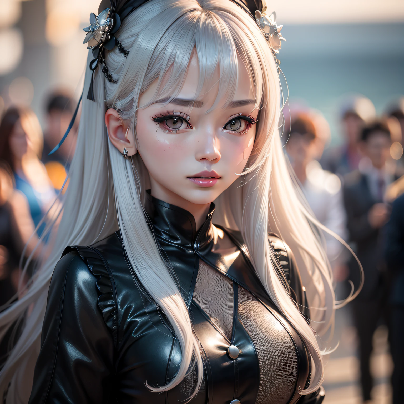 silver hair, surrealism, blind box toy style, high detail, Cubist Futurism, Renaissance, cinematic lighting, sparkle, UHD, retina, high quality,1 girl, female focus, alone, reality, brunette hair, blur, portrait, blurred background, outdoors, looking at the audience, Shut your mouth, seaside, sunset, lips, sun, long hair, dark eyes, inspired by Hani Kiz, Guan Xiaotong, Yang Zi, Zhao Liying, Yang Mi, Angelababy