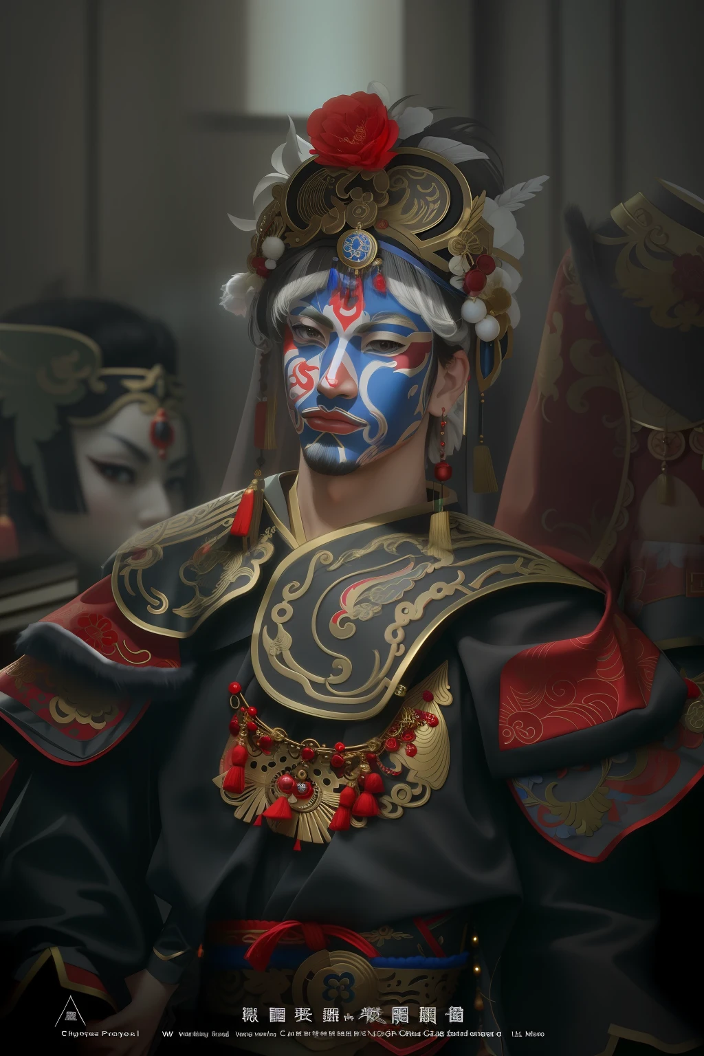 Flat CG, realistic, tough male, face painted with red and blue deity, Chinese deity, Chinese costume, exquisite clothing, Chinese heritage, portrait photo, oriental face, Spring Festival, gorgeous mask and gorgeous fabric, dancer symbolizing the gods, Chinese mythology, highlights, chinese fantasy, anger, projection illustration, close up, movie lighting, contemporary art, backlight, masterpiece, high resolution, cinematic sense