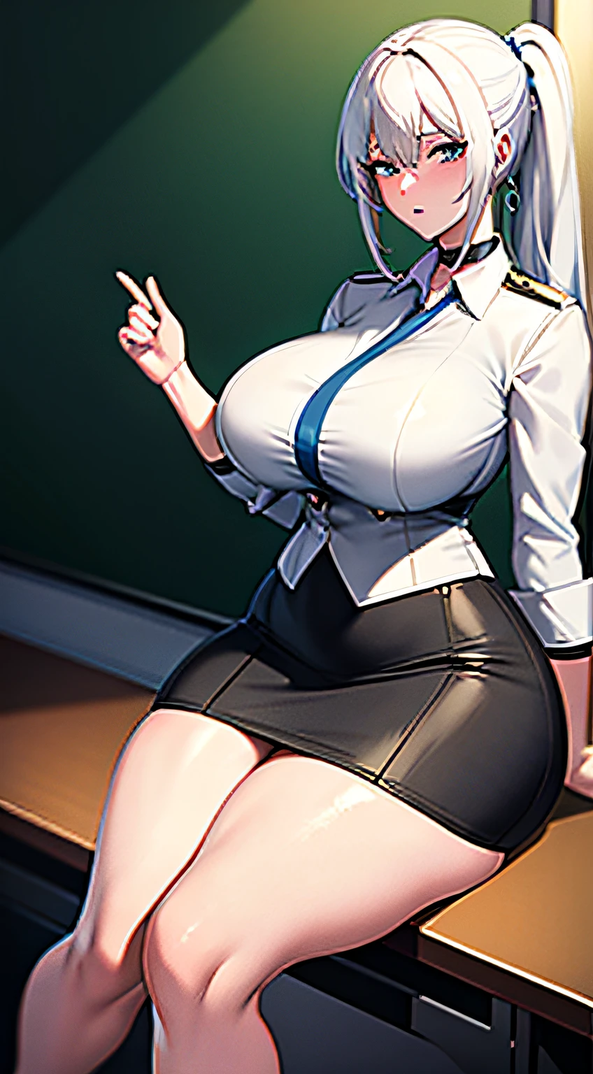 White hair, thick thighs, slender thighs, teacher, teacher, uniform, white socks, black silk, short skirt, leg loops, white skin, high heels, blue hair, double ponytail, two women, blonde hair ornaments, blue eyes, slender thighs, thicker thighs, thick thighs, black choker, lying on your side, background in classroom, thick thighs
