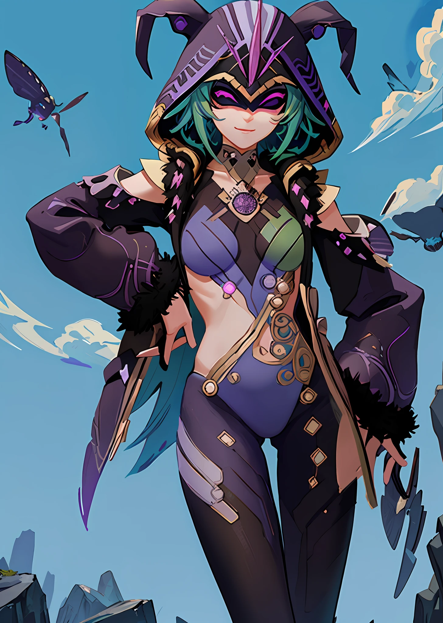 (masterpiece, best quality, best anatomy, digital art, Intricately designed 2d illustration), cicin mage \(genshin impact\), 1girl, smile, bodysuit, breasts, mask, eye mask, gloves, green hair, hood, hood up, fake animal ears,large breasts, jacket, fur-trimmed jacket, fur-trimmed sleeves, partially fingerless gloves, purple bodysuit, cowboy shot, upper body, (bioluminescence, bright highlights), clones