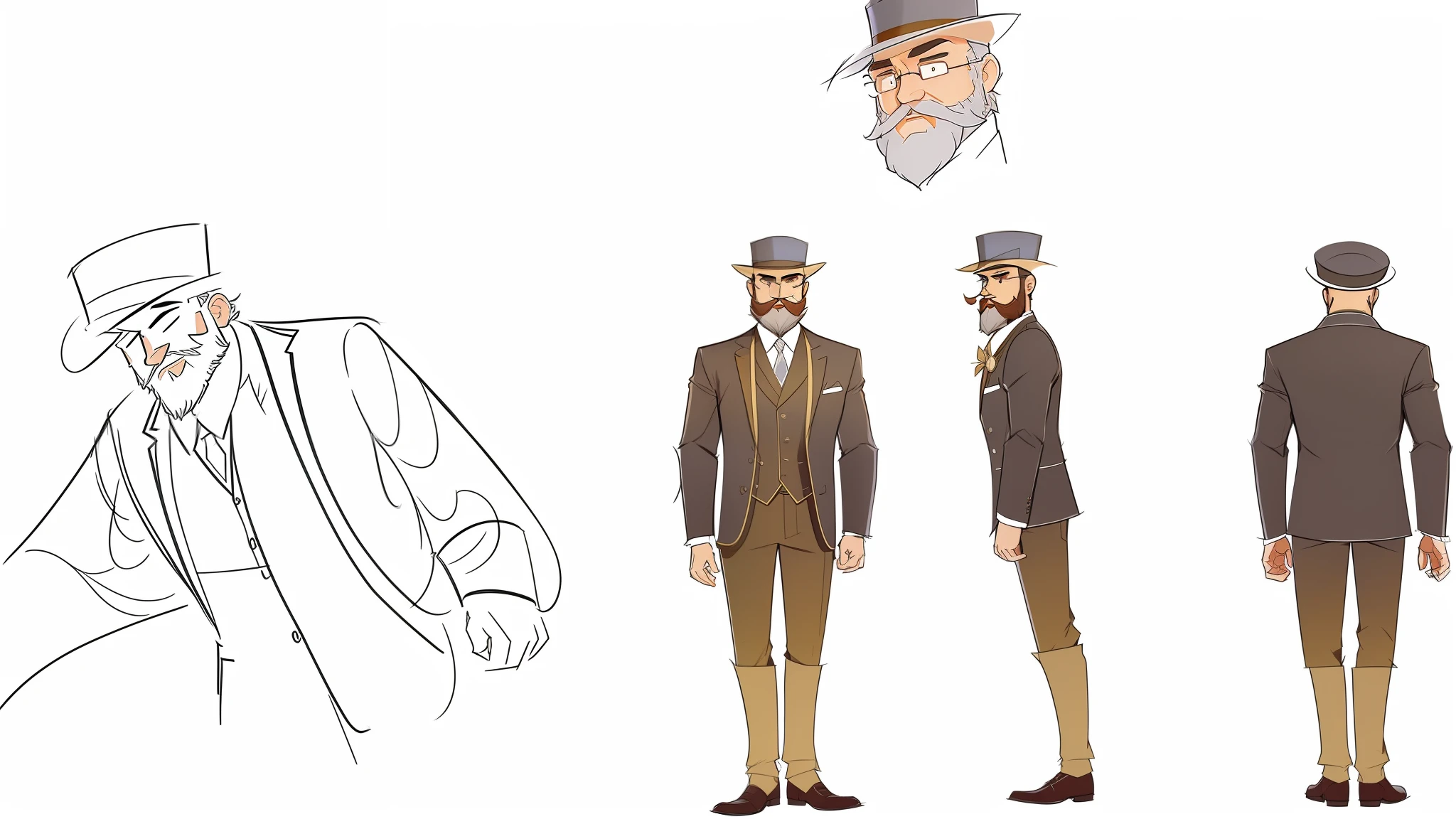 sketches of a man in a suit and hat with a beard, inspired by senior character artist, character design for animation, unrealistic character concept, character design, animation character, male character design, model sheet, full body character design, character posing for concept art, full body character concept, concept character, stylized character design, character concept, professional character design