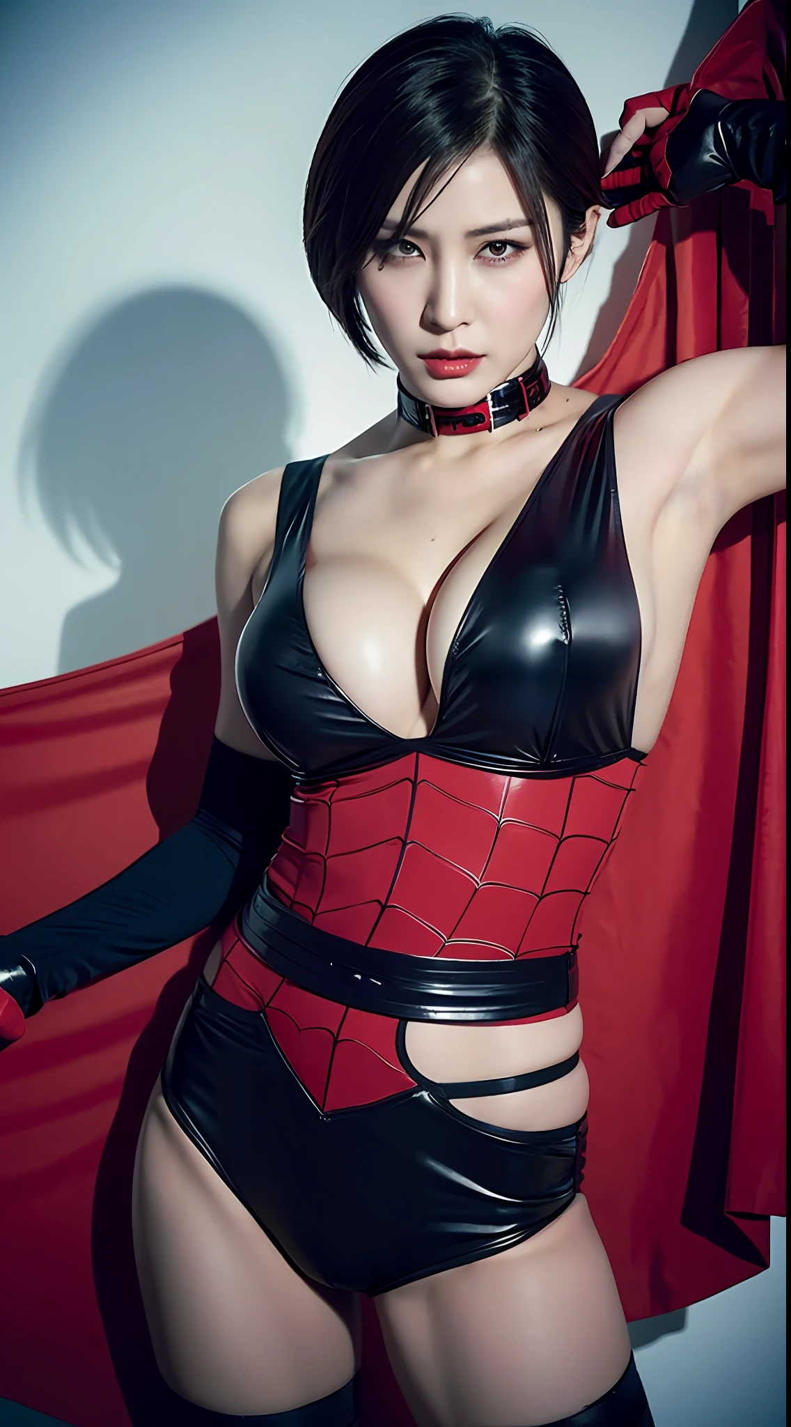 ada wong, big boobs, spiderman outfit, torn outfit, model pose, body cuts, face cut, blood in the body, black gloves, holding a revolver, black belt with a grenade,