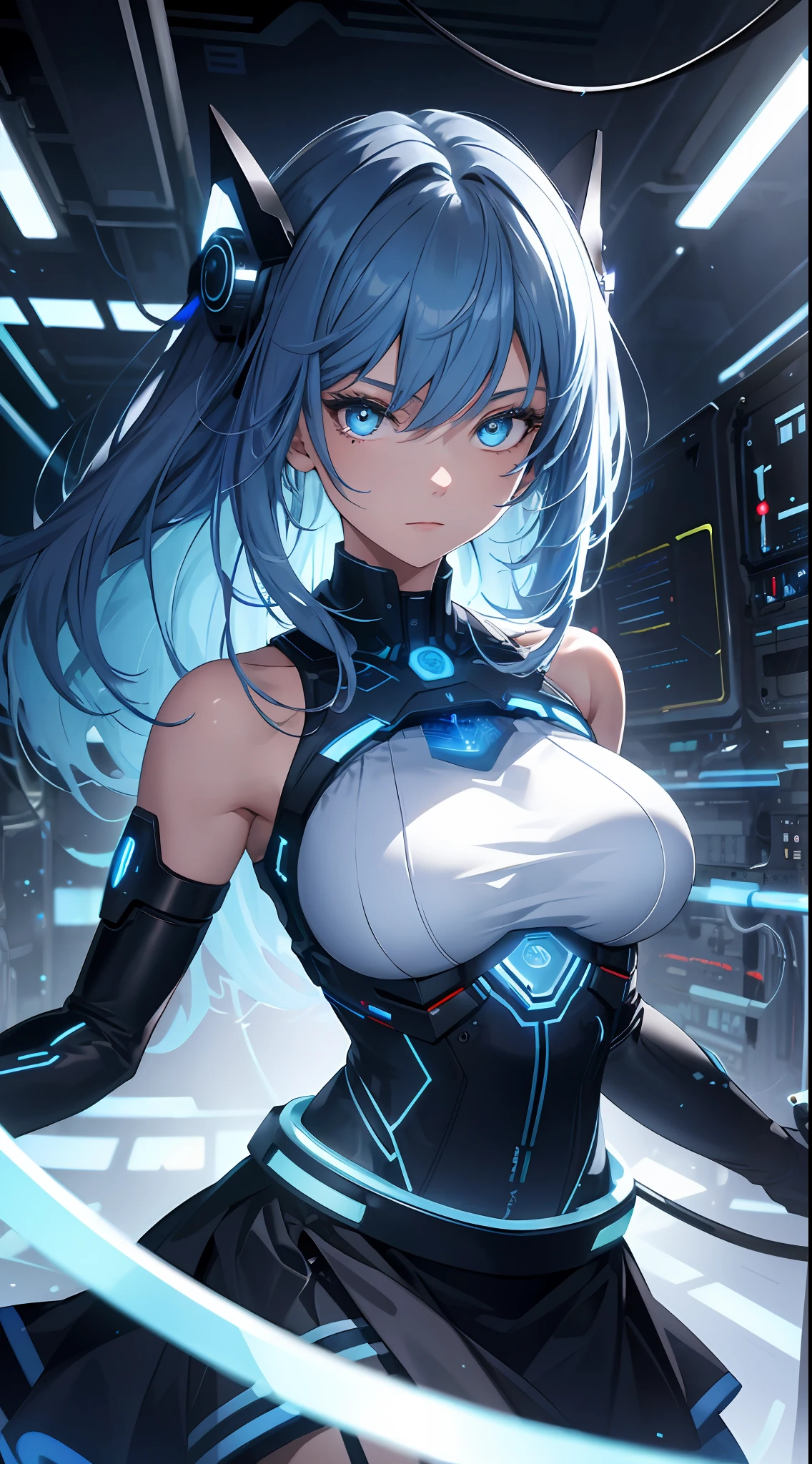 ((masterpiece)),(best quality),(detailed),(1girl),blue glowing hair, blue glowing eyes, wavey hair, white shirt, black skirt, android, datastream, cables, wires, charging, digital chains, large breasts, staring at viewer , breasts close up