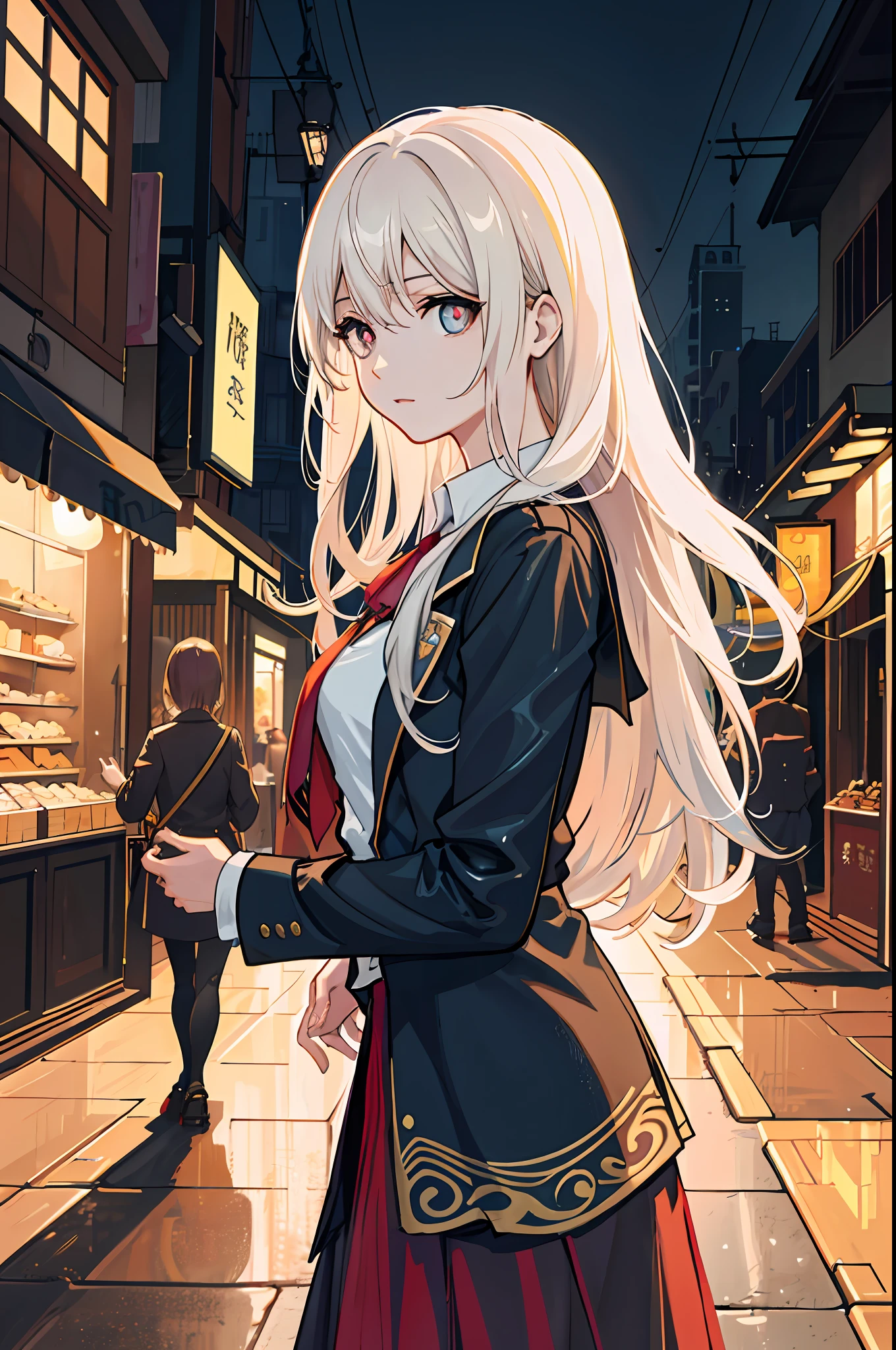 raining night,city,A beautiful woman in wearing school uniform on the bustling streets of Gintama, surrounded by vendors, beautiful portrait of a stunning goddess girl, beautiful detailed face,princess eyes,round pupils,(((symmetrical eyes))), porcelain skin, half body shot, centered, ultra soft lighting, symmetry, intricate, elegant, highly detailed, photorealistic, artstation, concept art, smooth, as imagined by greg rutkowski and borris vallejo, cover, vogue style