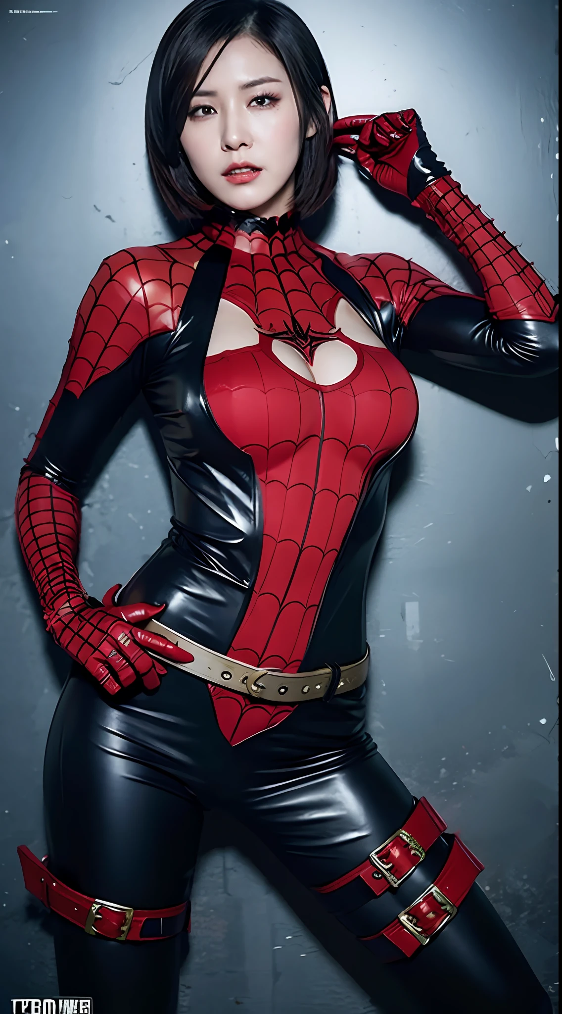ada wong, big boobs, spiderman outfit, torn outfit, model pose, body cuts, face cut, blood in the body, black gloves, holding a revolver, black belt with a grenade,