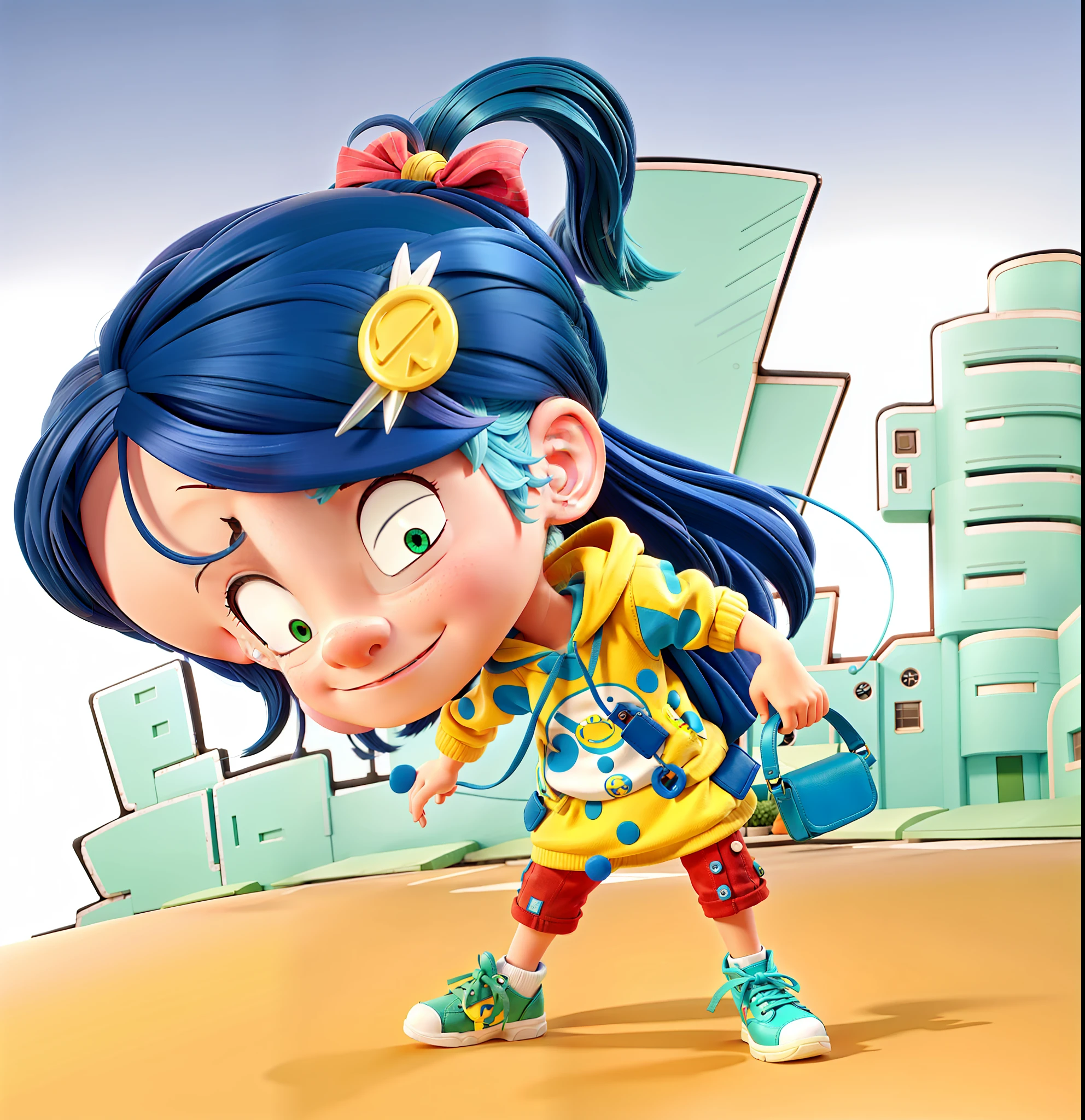 A cool cartoon little girl with blue hair, hairpin, yellow hoodie, blue leather bag in left hand, red pants, green sandals, tied single ponytail, street in background, cartoon, 3d, lighting, Disney,
