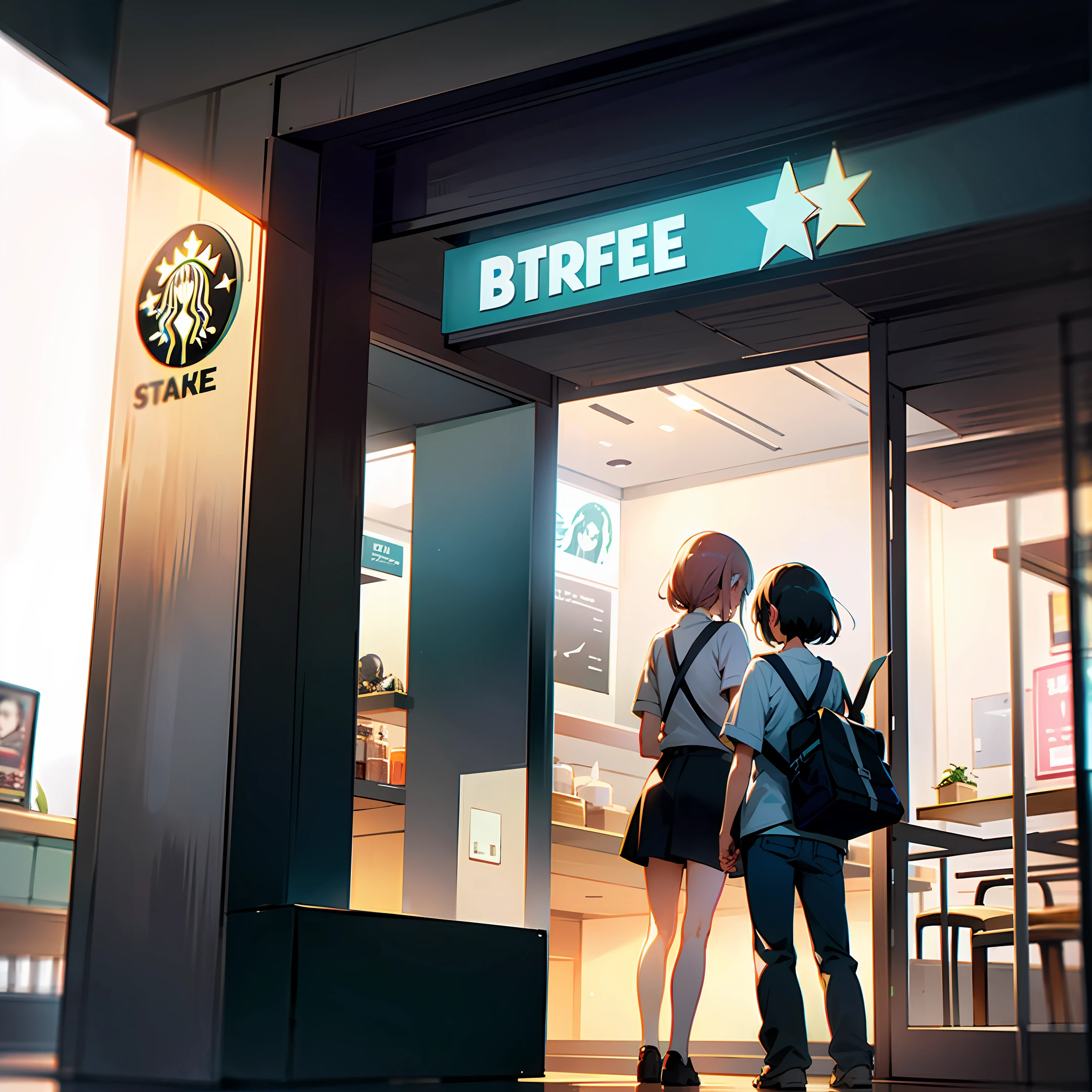 Two friend standing back facing at starbuck store