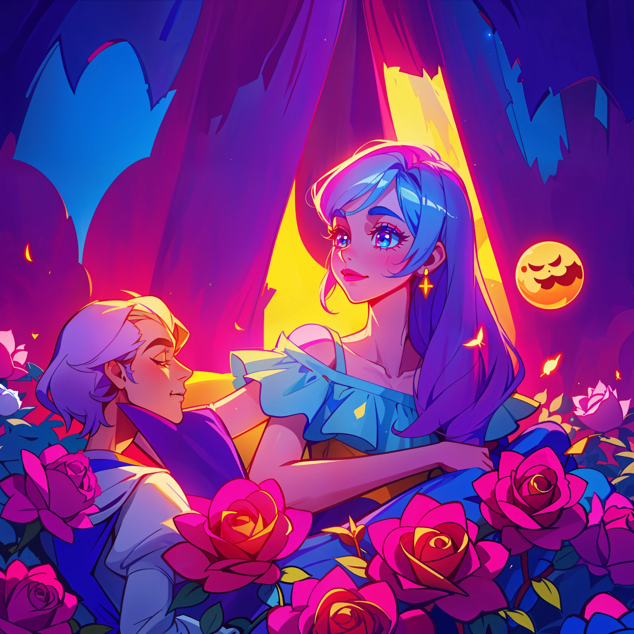 "Belle from Beauty and the Beast merged with Alice from the story Alice in Wonderland, in a rose garden in the light of the full moon. ((Magic, Character Combination, Brilliance, Fantasy))"