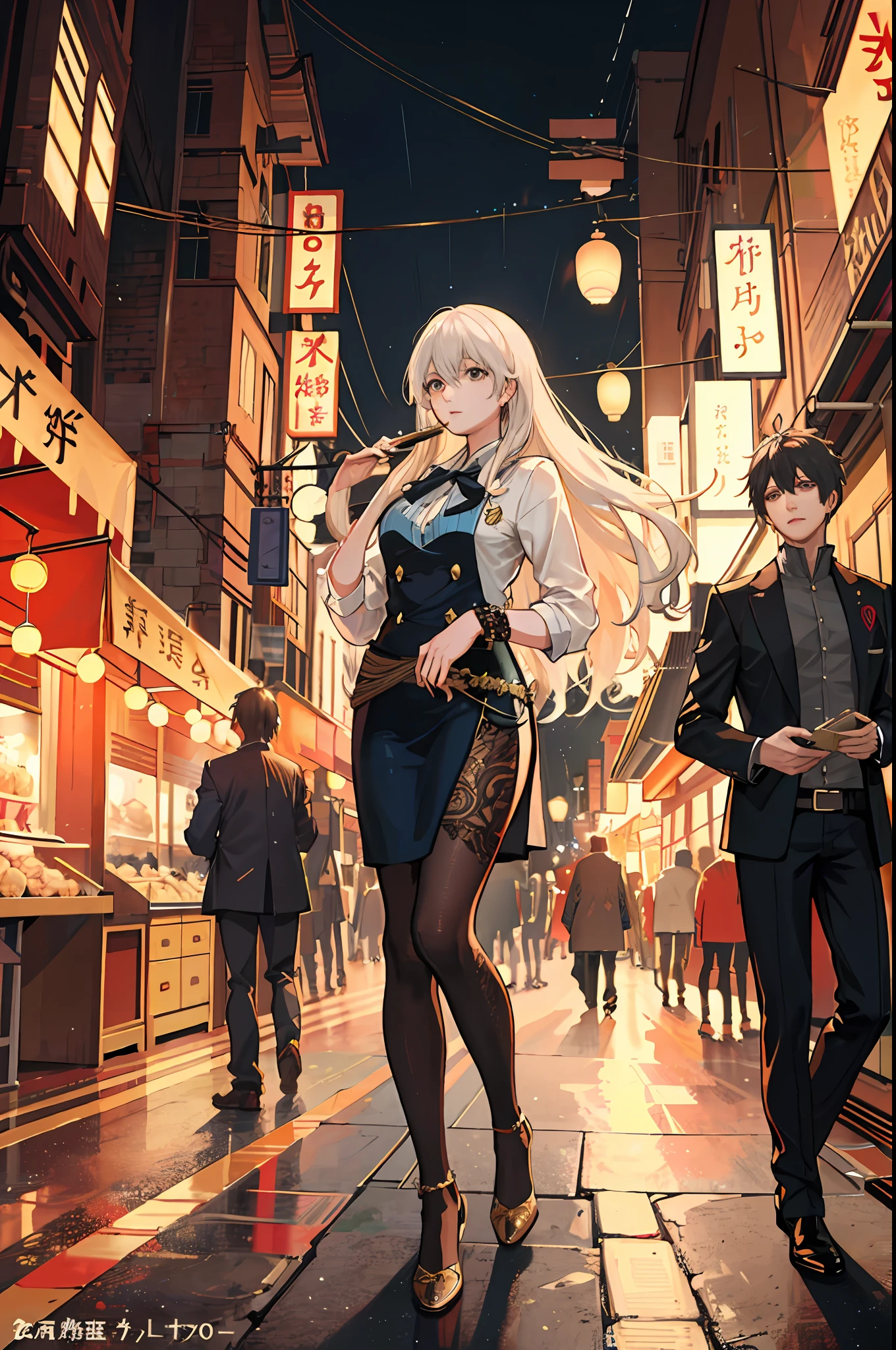 raining night,city,A beautiful woman wearing school uniform on the bustling streets of Gintama, surrounded by vendors, beautiful portrait of a stunning goddess girl, beautiful detailed face, porcelain skin, full body shot, centered, ultra soft lighting, dim lighting,dim lanterns,symmetry, intricate, elegant, highly detailed, photorealistic, artstation, concept art, smooth, as imagined by greg rutkowski and borris vallejo, cover, vogue style