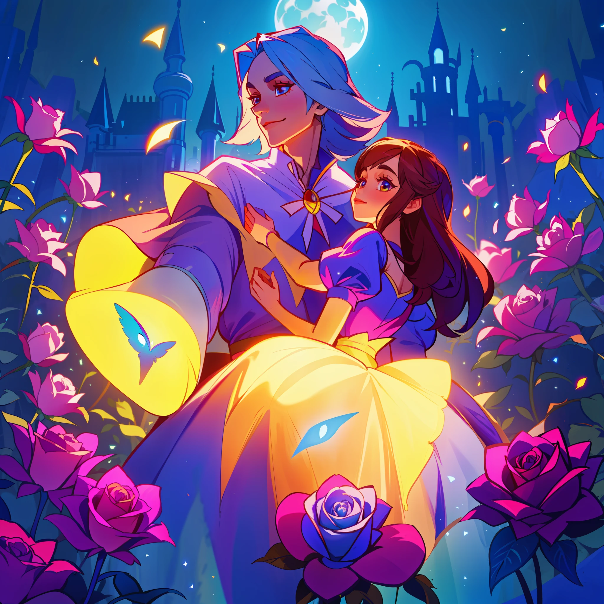 "Belle from Beauty and the Beast merged with Alice from the story Alice in Wonderland, in a rose garden in the light of the full moon. ((Magic, Character Combination, Brilliance, Fantasy))"
