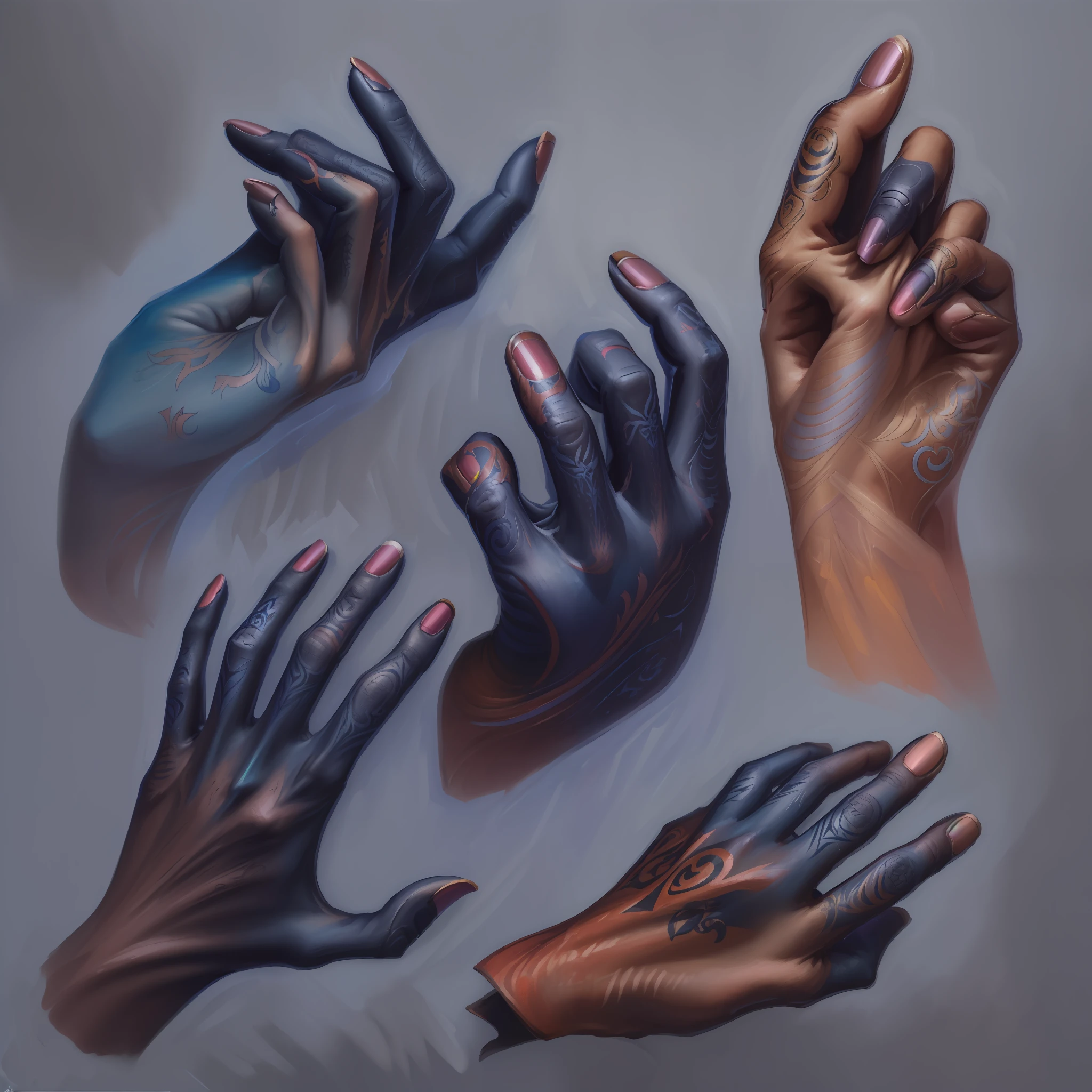 (((Masterpiece))), (((Best Quality: 1.4))), ((Super Detail: 1.4)) , hyper detailed gouache painting of female Tiefling hands:1.5, hyper detailed hands, hyper detailed fingers, detailed textures, tattoos, natural skin shader, ultra High resolution, exact anathomy, symmetry