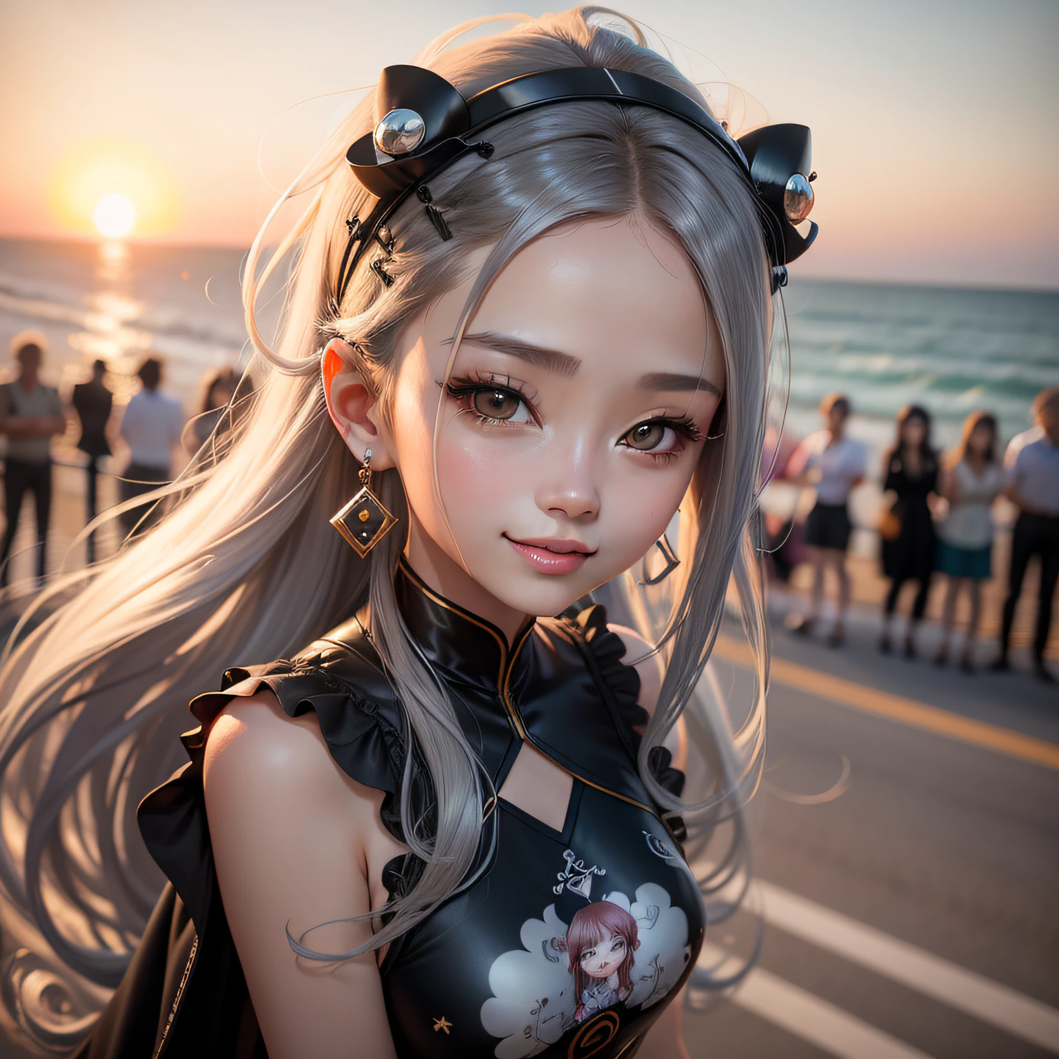 grey hair, heart-shaped pupils, hairpin, earrings, smile, Surrealism, blind box toy style, high detail, Cubist Futurism, Renaissance, cinematic lighting, sparkle, UHD, retina, high quality1 girl, female focus, alone, reality, brunette hair, blur, portrait, blurred background, outdoors, looking at the audience, close your mouth, seaside, sunset, lips, sun, long hair, dark eyes, inspired by Hani Kiz, Guan Xiaotong, Yang Zi, Zhao Liying, Yang Mi, Angelababy