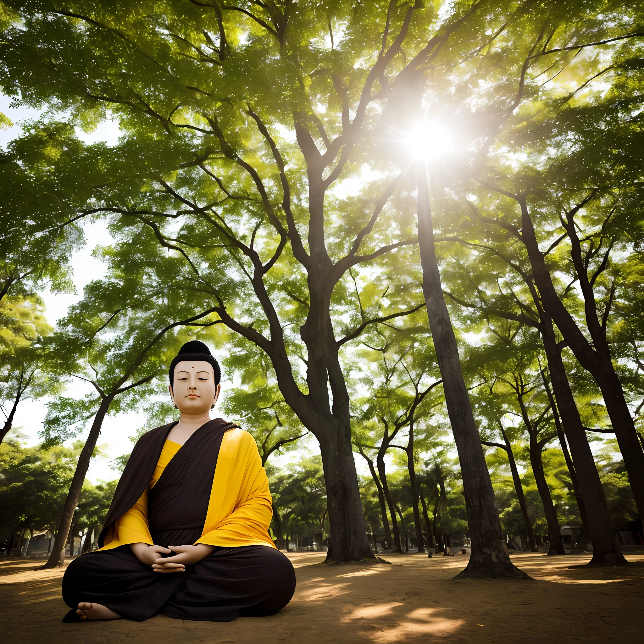 Living a Buddha, sitting under the tree, black hair, long ears , professional lighting, peaceful eyes, handsome, brown robed, looking at the viewer, covering the whole body with yellow robed , bright eyes , realistic , yellow color only, covered full body