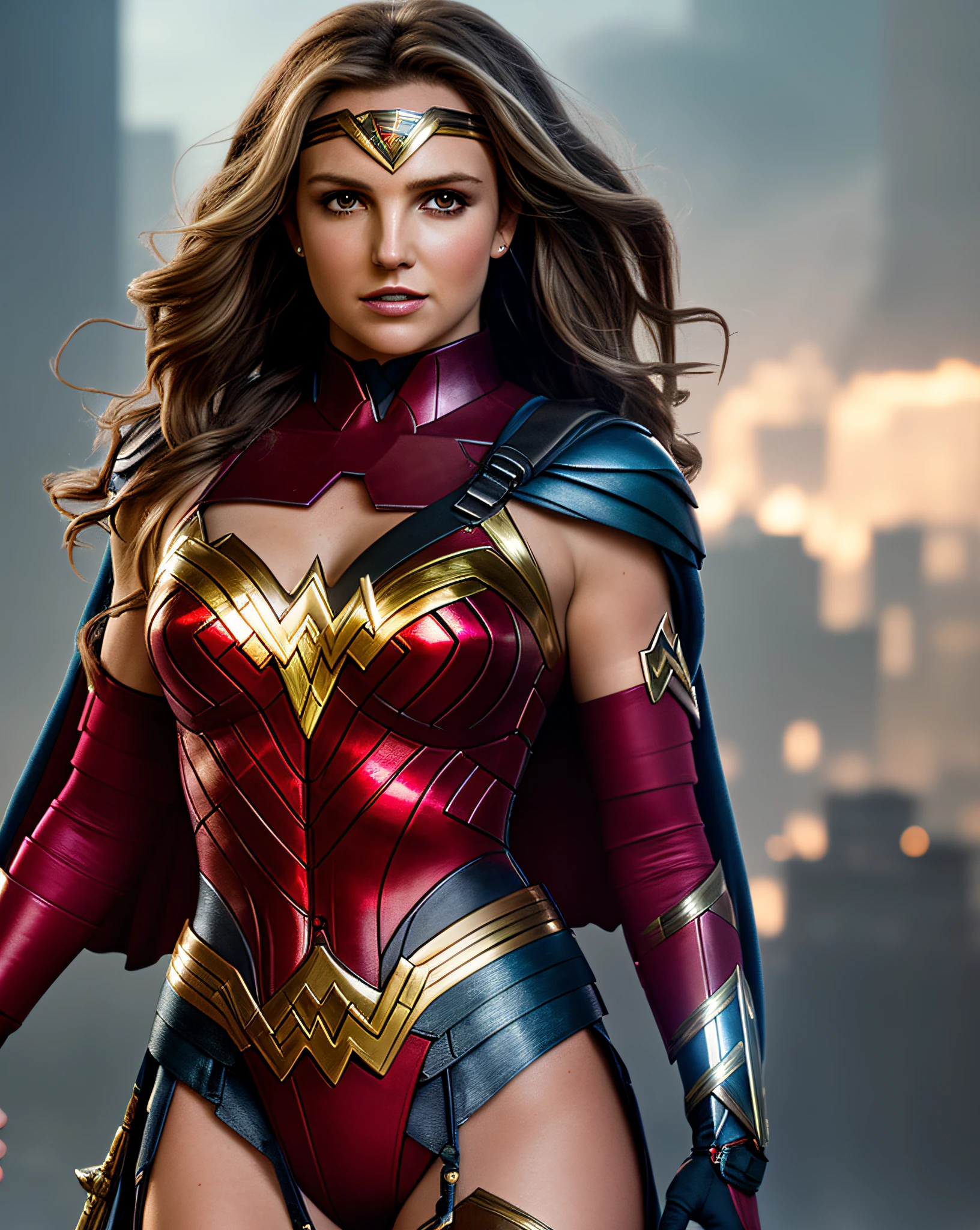 Britney Spears movie still, hero photo, (wearing Wonder Woman costume), soft lighting, unreal engine 5, photography, ((cybernetic)), (bright skin), inspired by Marek Okon, digital art, beeple style, masterpiece, best quality, high resolution, 8k wallpaper, cinematic, 4k, (illustration: 1.1), (extremely detailed 8k CG unit wallpaper: 1.1)