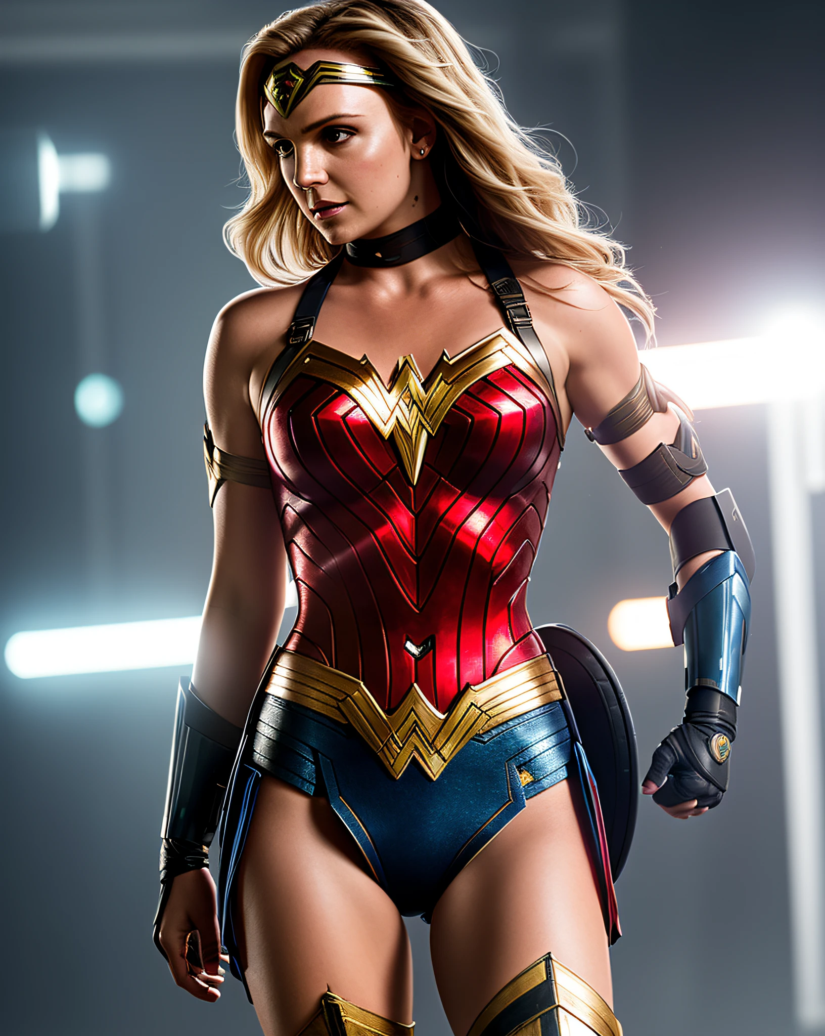 Britney Spears movie still, hero photo, (wearing Wonder Woman costume), soft lighting, unreal engine 5, photography, ((cybernetic)), (bright skin), inspired by Marek Okon, digital art, beeple style, masterpiece, best quality, high resolution, 8k wallpaper, cinematic, 4k, (illustration: 1.1), (extremely detailed 8k CG unit wallpaper:  1.1)