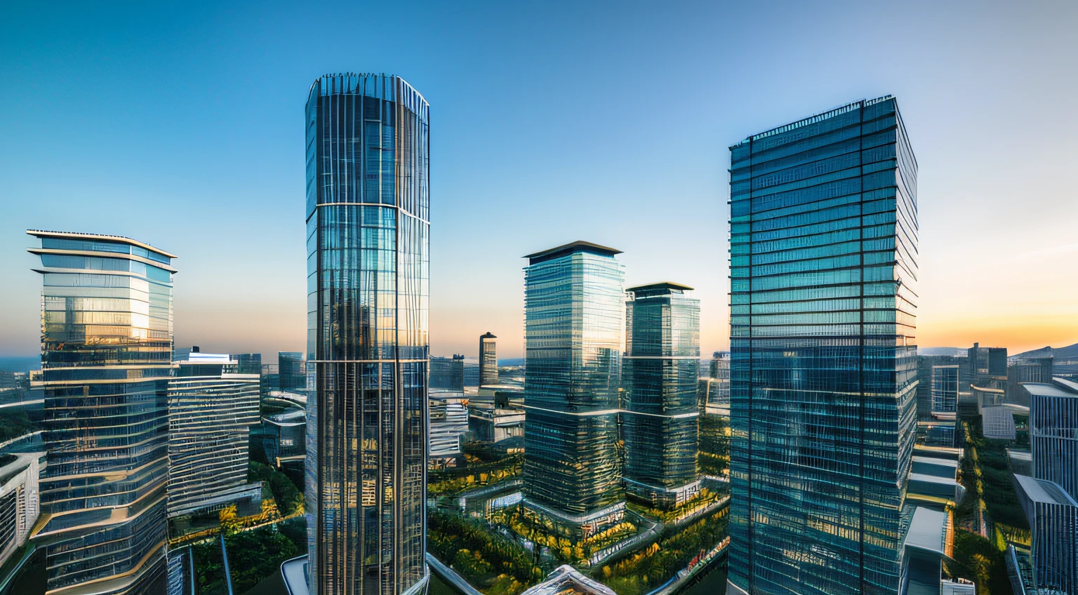 ((masterpiece, best quality)), day ligth, trees and buildings,  aerial view of skyscrapers, photorealistic. cinematic illumination. dramatic illumination. , 8k, modern architecture style, photo realistic, hyper detailed photo, clean sky,