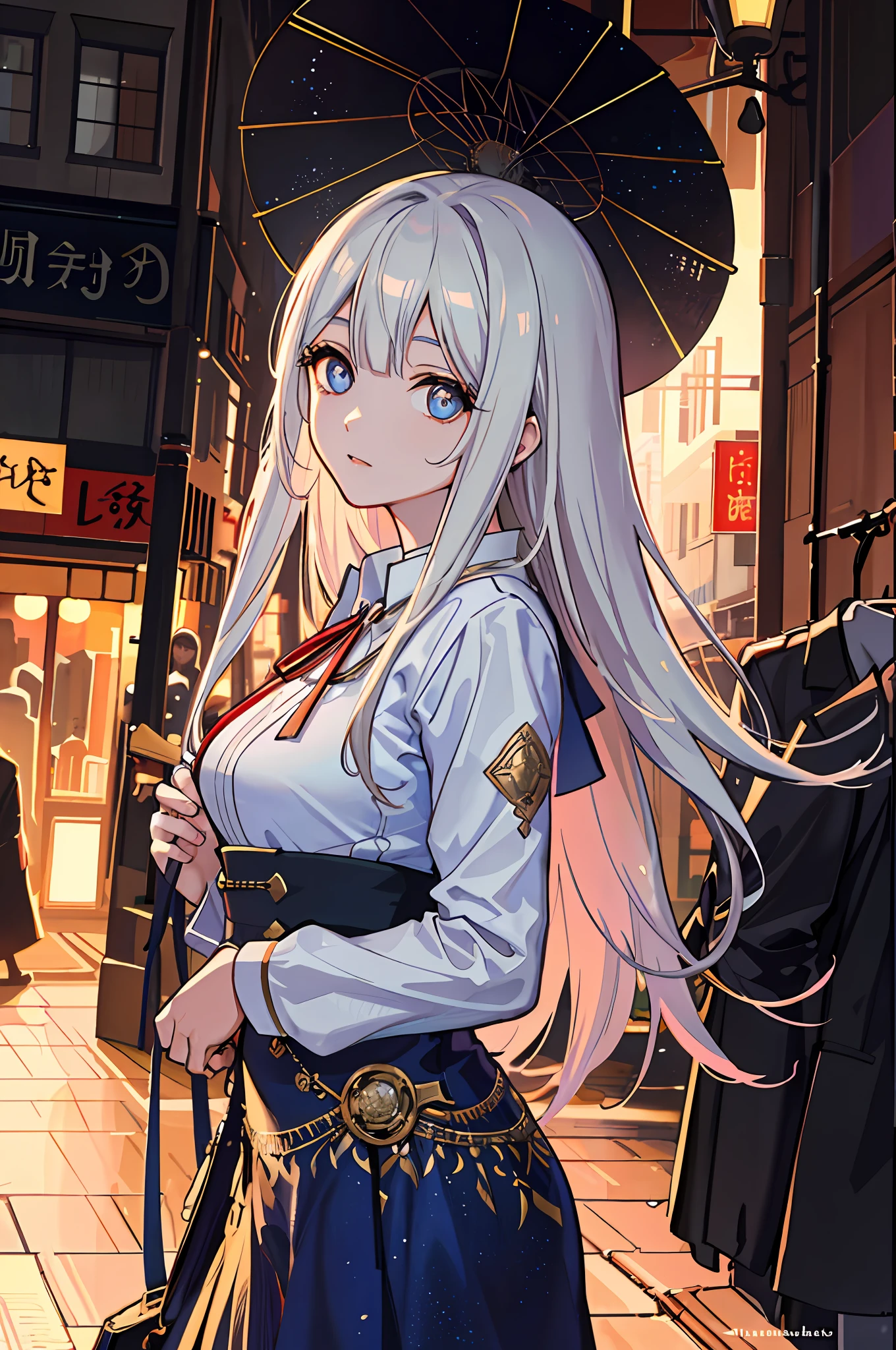 raining night,city,A beautiful woman in wearing school uniform on the bustling streets of Gintama, surrounded by vendors, beautiful portrait of a stunning goddess girl, beautiful detailed face, porcelain skin, half body shot,closeup of portrait,(((symmetrical eyes))),princess eyes,round pupils,shiny pupils, centered, ultra soft lighting, symmetry, intricate, elegant, highly detailed, photorealistic, artstation, concept art, smooth, as imagined by greg rutkowski and borris vallejo, cover, vogue style