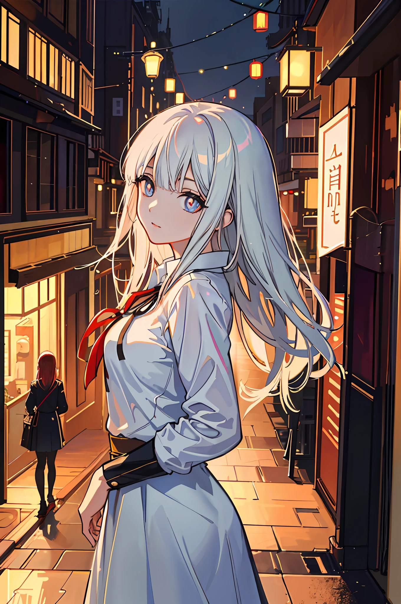 raining night,city,A beautiful woman in wearing school uniform on the bustling streets of Gintama, surrounded by vendors, beautiful portrait of a stunning goddess girl, beautiful detailed face, porcelain skin, half body shot,closeup of portrait,(((symmetrical eyes))),princess eyes,round pupils,shiny pupils, centered, ultra soft lighting, symmetry, intricate, elegant, highly detailed, photorealistic, artstation, concept art, smooth, as imagined by greg rutkowski and borris vallejo, cover, vogue style