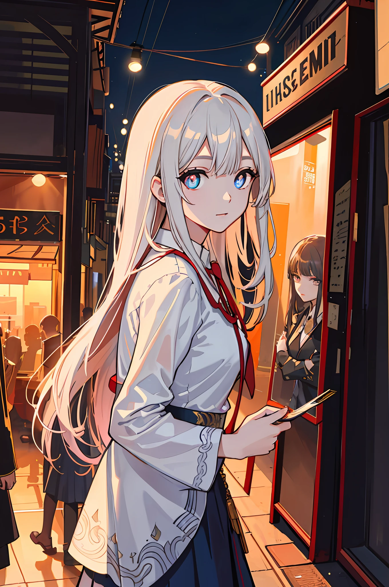 raining night,city,A beautiful woman in wearing school uniform on the bustling streets of Gintama, surrounded by vendors, beautiful portrait of a stunning goddess girl, beautiful detailed face, porcelain skin, half body shot,closeup of portrait,(((symmetrical eyes))),princess eyes,round pupils,shiny pupils, centered, ultra soft lighting, symmetry, intricate, elegant, highly detailed, photorealistic, artstation, concept art, smooth, as imagined by greg rutkowski and borris vallejo, cover, vogue style