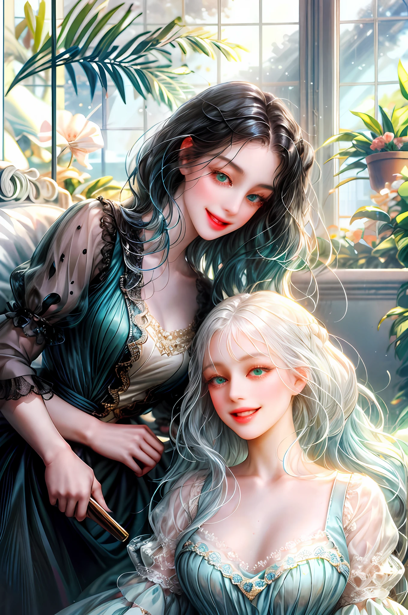 Two girls one Girl with black hair and bright green eyes with brushes in her hand is an artist, beautiful and free, with a radiant and happy smile on her face and the other like Elegant and delicate doll white hair with fringe and blue eyes lying in a transparent glass jar inside the jar is a chubby stuffed animal similar to her.