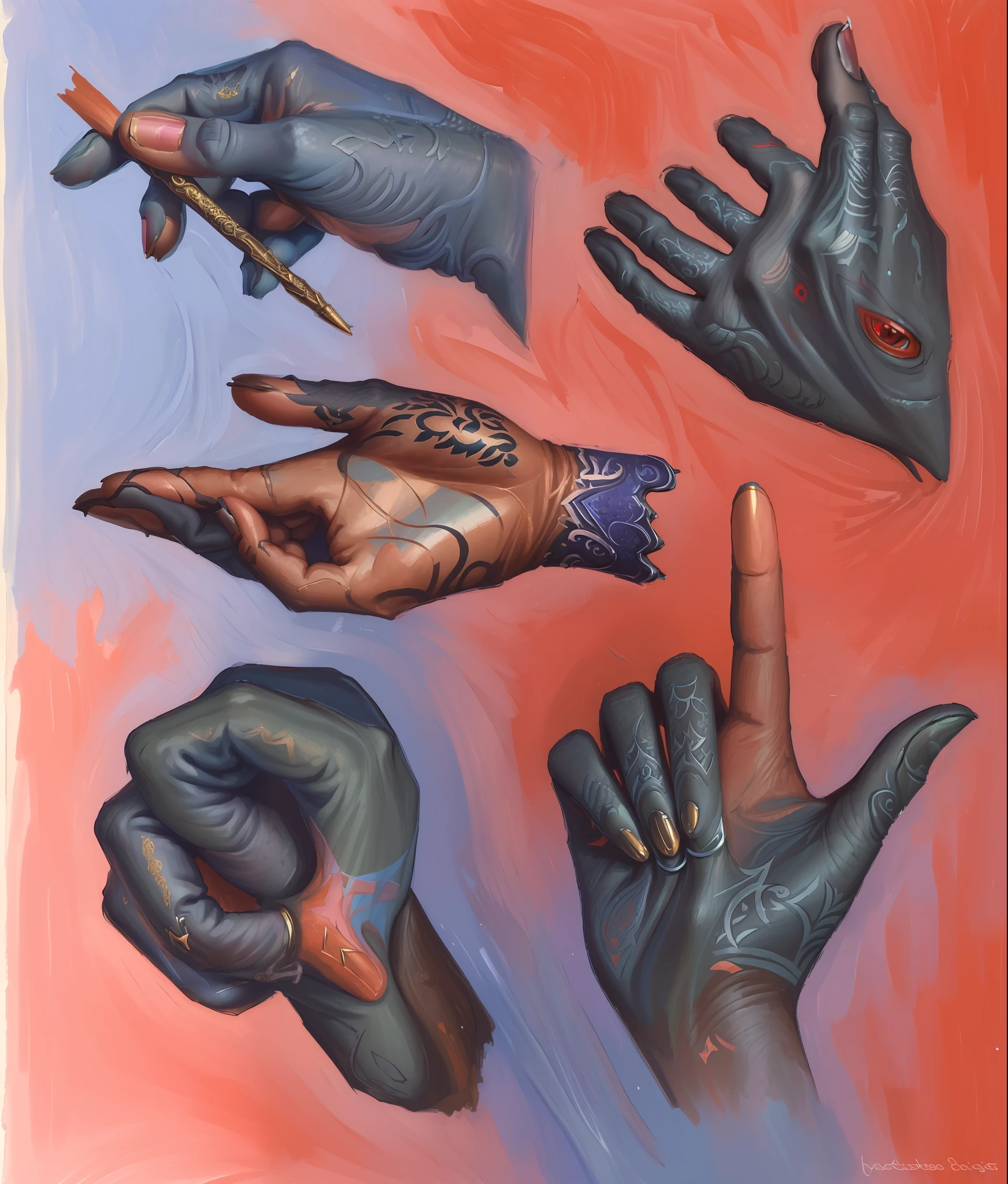 (((Masterpiece))), (((Best Quality: 1.4))), ((Super Detail: 1.4)) , hyper detailed gouache painting of female Tiefling hands:1.5, hyper detailed hands, hyper detailed fingers, detailed textures, tattoos, natural skin shader, ultra High resolution, exact anathomy, symmetry