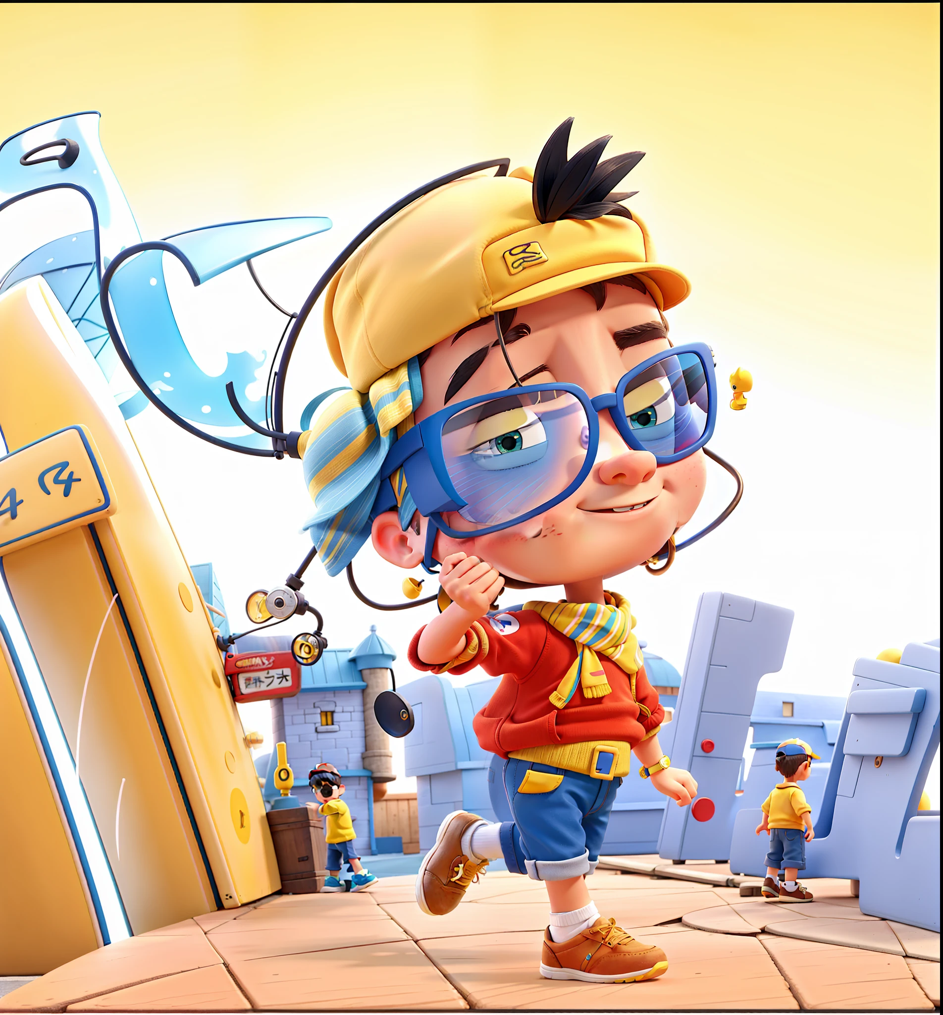 A cool cartoon boy with yellow sneaker cap, hairpin, red top with sunglasses, blue pants, yellow scarf, brown shoes, street in background, cartoon, 3d, lighting, disney,