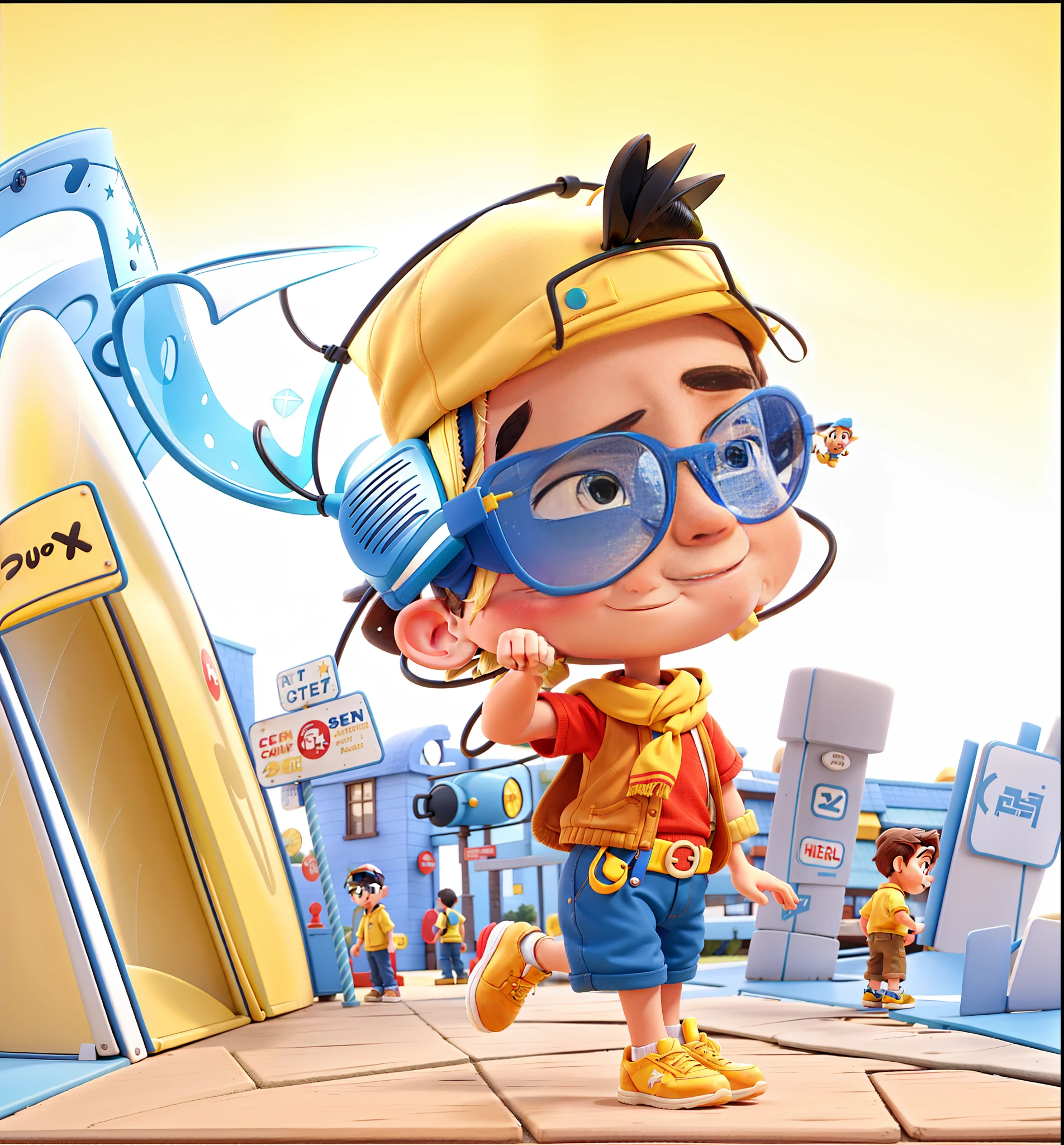A cool cartoon little boy with yellow sneaker cap, hairpin, red top with sunglasses, blue pants, yellow scarf, brown shoes, street in background, cartoon, 3d, lighting, disney,