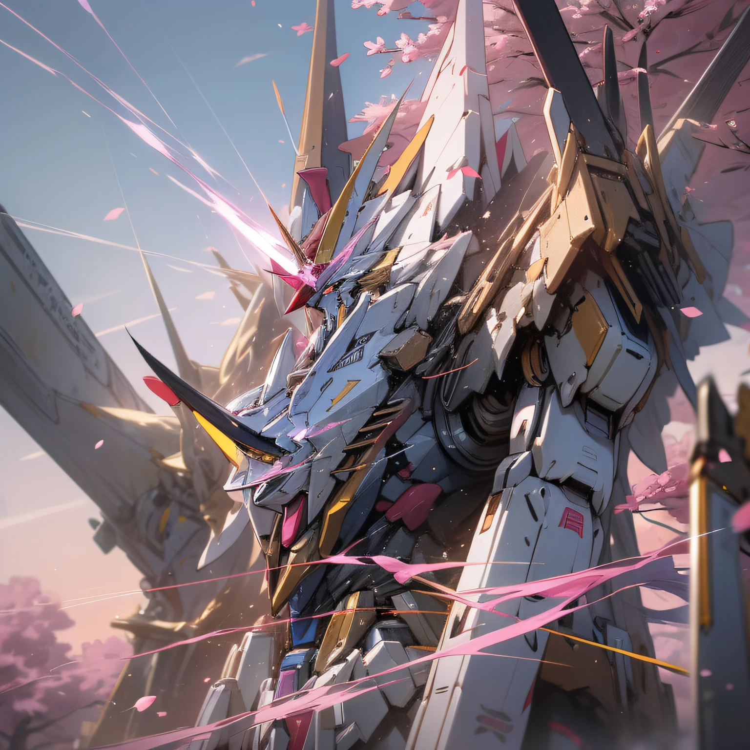 (Best Quality) , (Masterpiece) , 8k , (Super Detail) , (Gundam Barbatos Sirius)) , Mobile Suit , ASW-G-08 , Tai Dao , Cherry Blossom Tree , Pink Sky , Ruins , Zagu aiming in the sky Gundam Barbatos Sirius , Gundam Barbatos uses Tai Dao to attack the viewer , atmospheric perspective