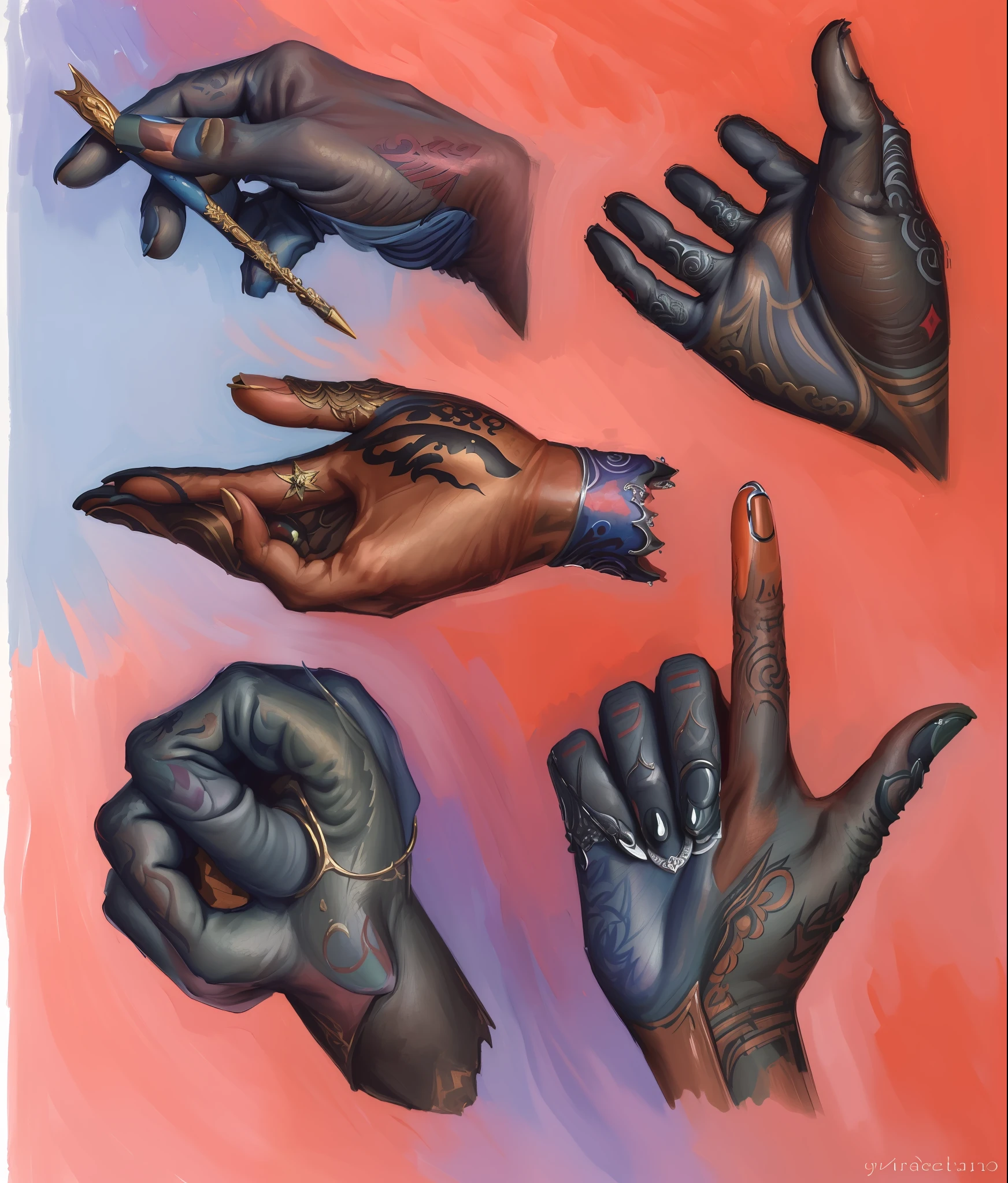 (((Masterpiece))), (((Best Quality: 1.4))), ((Super Detail: 1.4)) , hyper detailed gouache painting of female Tiefling hands:1.5, hyper detailed hands, hyper detailed fingers, detailed textures, tattoos, natural skin shader, ultra High resolution, exact anathomy, symmetry