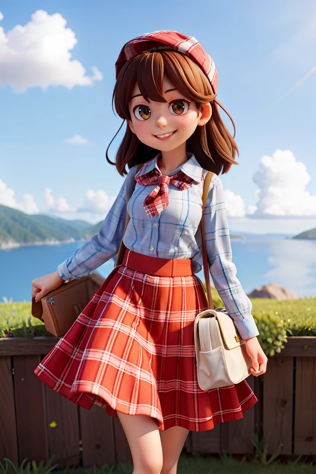 masterpiece, high quality best quality,1girl, bangs, beach, blue_sky, blush, bow, breasts, checkered, checkered_shirt, checkered_skirt, cloud, cloudy_sky, collarbone, day, envelope, giving, grass, hair_bow, heart, holding, holding_letter, horizon, incoming_gift, kazami_yuuka, leaning_forward, lens_flare, letter, light_rays, long_hair, looking_at_viewer, love_letter, mountain, mountainous_horizon, ocean, outdoors, plaid, plaid_background, plaid_bikini, plaid_bow, plaid_bowtie, plaid_bra, plaid_dress, plaid_headwear, plaid_jacket, plaid_legwear, plaid_necktie, plaid_neckwear, plaid_panties, plaid_pants, plaid_ribbon, plaid_scarf, plaid_shirt, plaid_skirt, plaid_vest, pov, shirt, skirt, sky, smile, solo, sun, sunbeam, sunlight, tree, unmoving_pattern