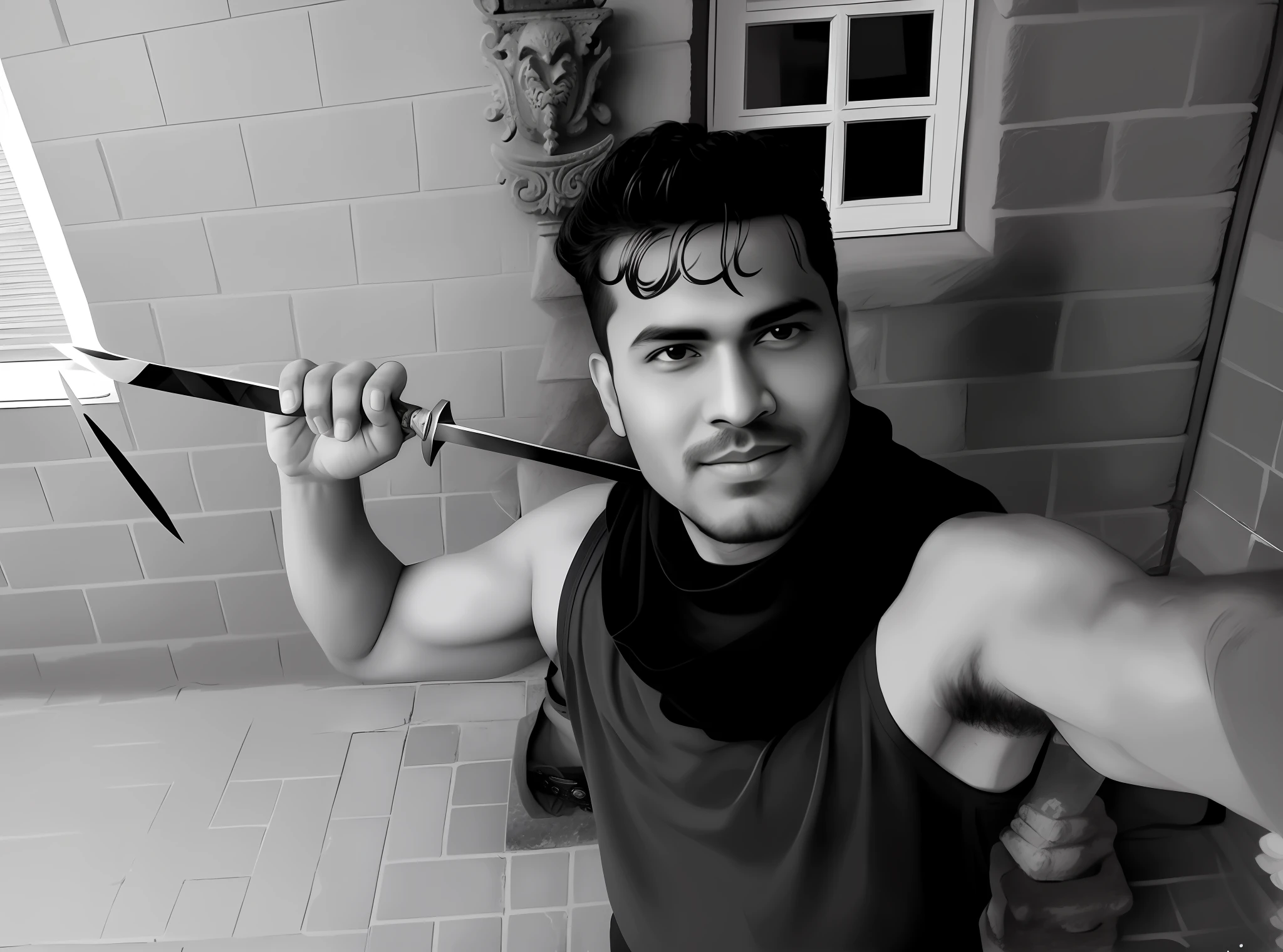 arafed man holding a pair of scissors in his hand, posing with a sword, in the style of sifu 🔥 😎 🕹️ 👀 :2, inspired by Kailash Chandra Meher, with large sword, posing like a knight, wielding a keris sword, inspired by Daryush Shokof, with axe, inspired by Jorge Jacinto