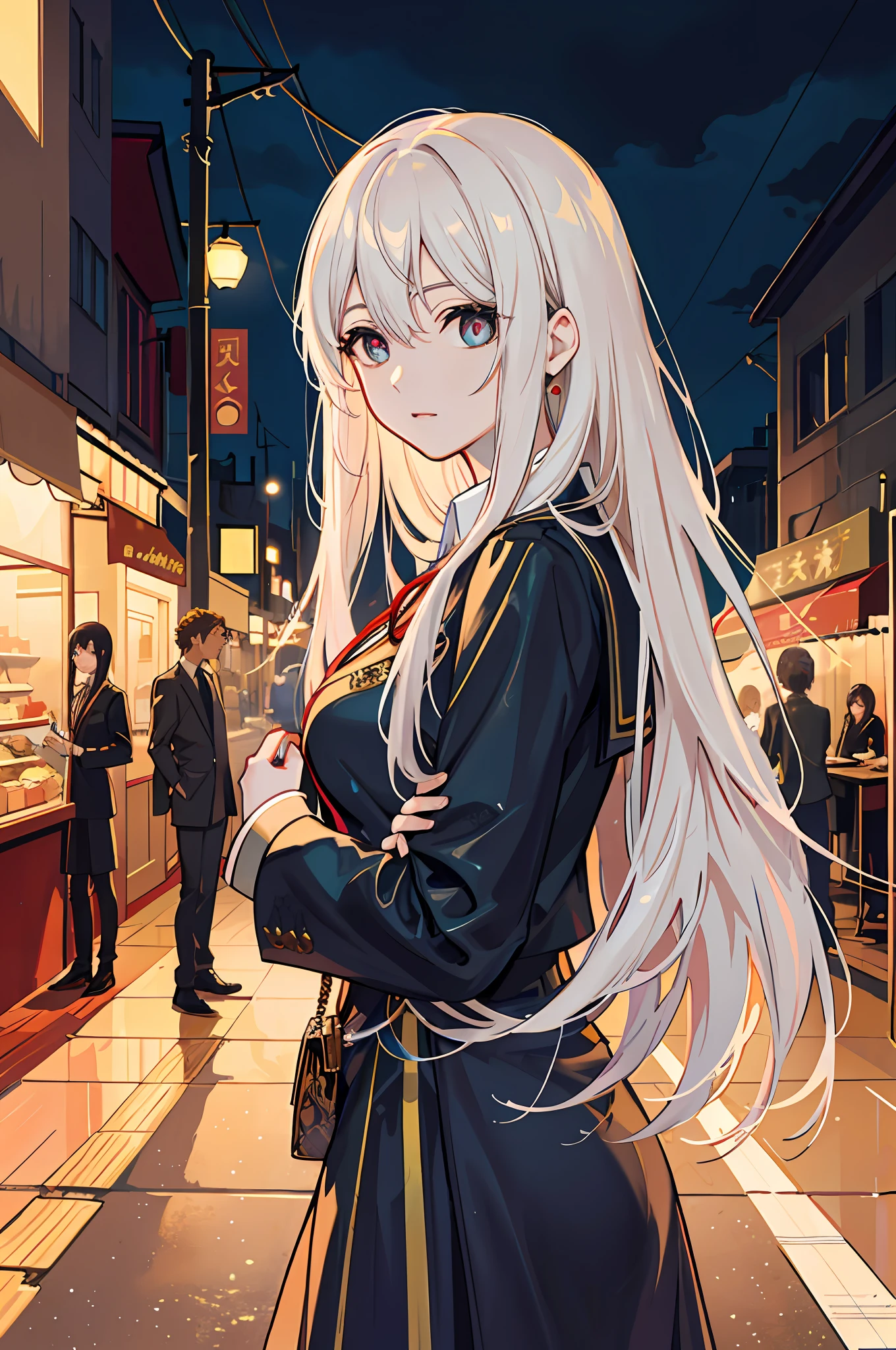 raining night,city,A beautiful woman in wearing school uniform on the bustling streets of Gintama, surrounded by vendors, beautiful portrait of a stunning goddess girl, beautiful detailed face,princess eyes,round pupils,(((symmetrical eyes))), porcelain skin, half body shot,closeup of portrait,centered, ultra soft lighting, symmetry, intricate, elegant, highly detailed, photorealistic, artstation, concept art, smooth, as imagined by greg rutkowski and borris vallejo, cover, vogue style