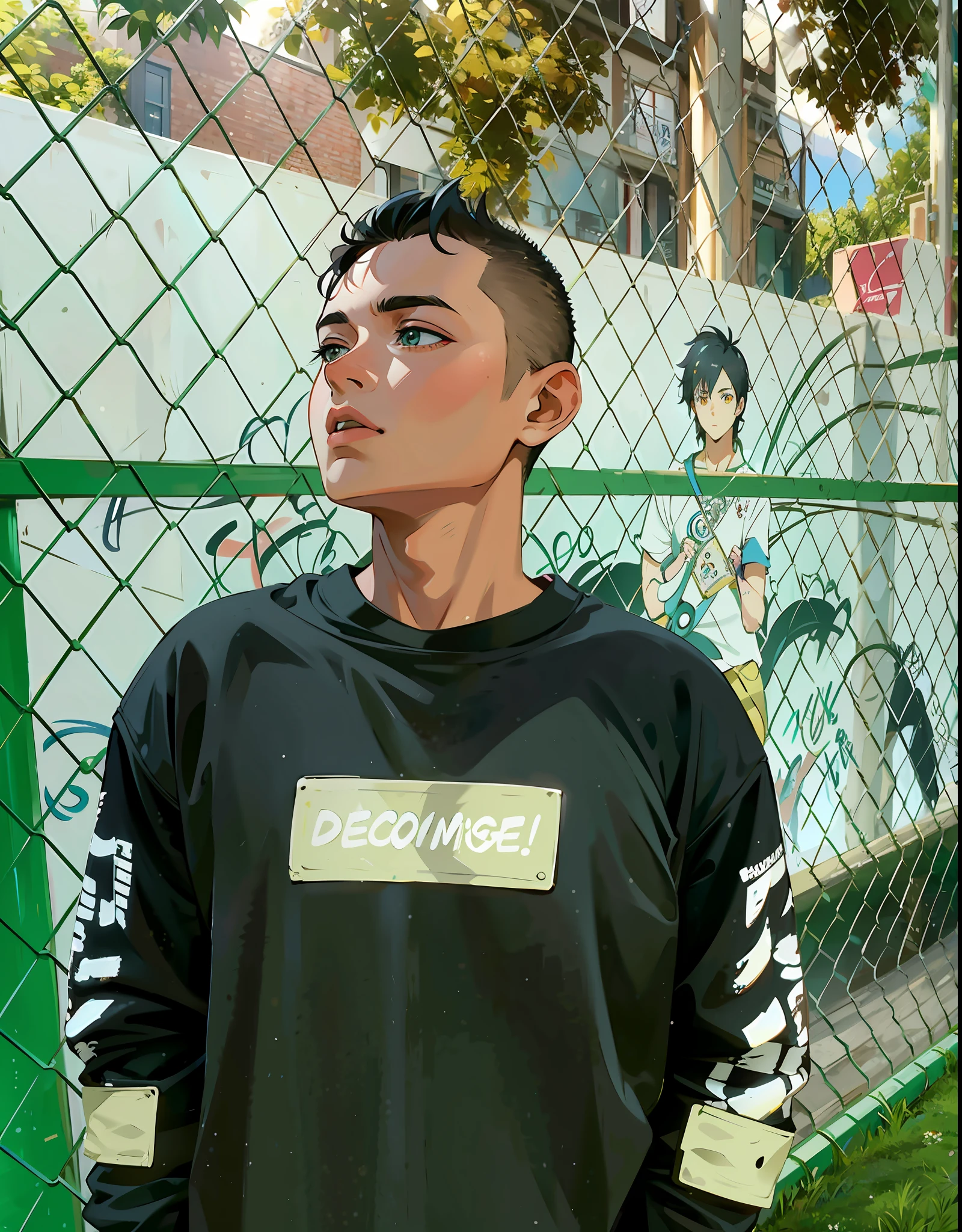 (masterpiece),(best quality:1.0), (ultra highres:1.0), detailed illustration, 8k, 1boy, anime boy, wearing t-shirt, detailed face, perfect face, anime eyes, detailed eyes, dark eyes, detailed hair, highlights in hair, sunny, day time, highly detailed, anime style, vibrant