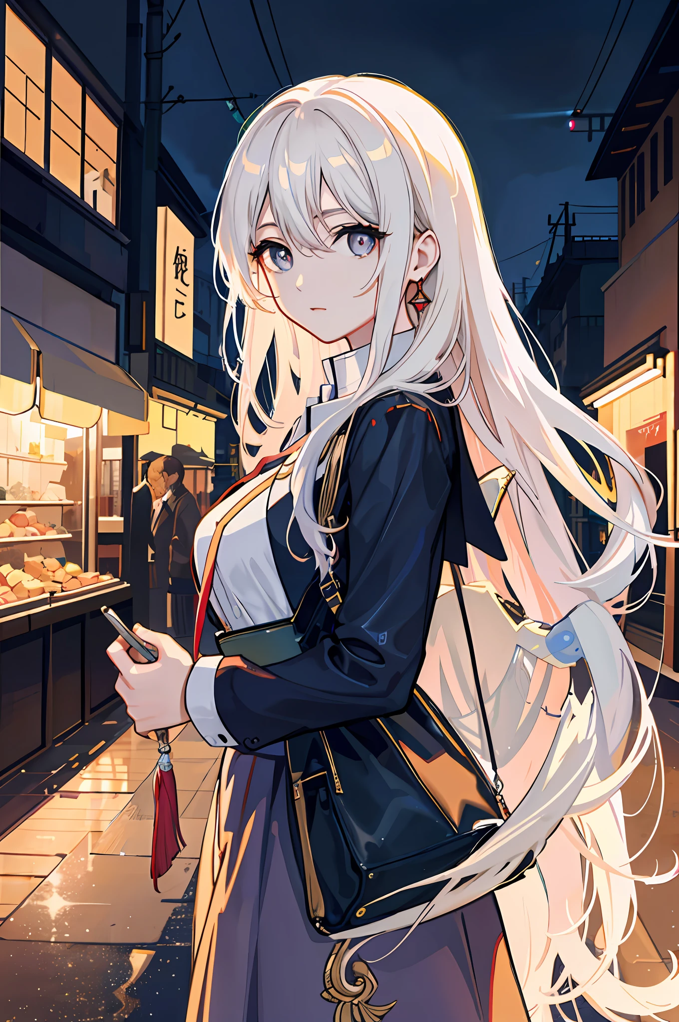 raining night,city,A beautiful woman in wearing school uniform on the bustling streets of Gintama, surrounded by vendors, beautiful portrait of a stunning goddess girl, beautiful detailed face,princess eyes,round pupils,(((symmetrical eyes))), porcelain skin, half body shot,closeup of portrait,centered, ultra soft lighting, symmetry, intricate, elegant, highly detailed, photorealistic, artstation, concept art, smooth, as imagined by greg rutkowski and borris vallejo, cover, vogue style