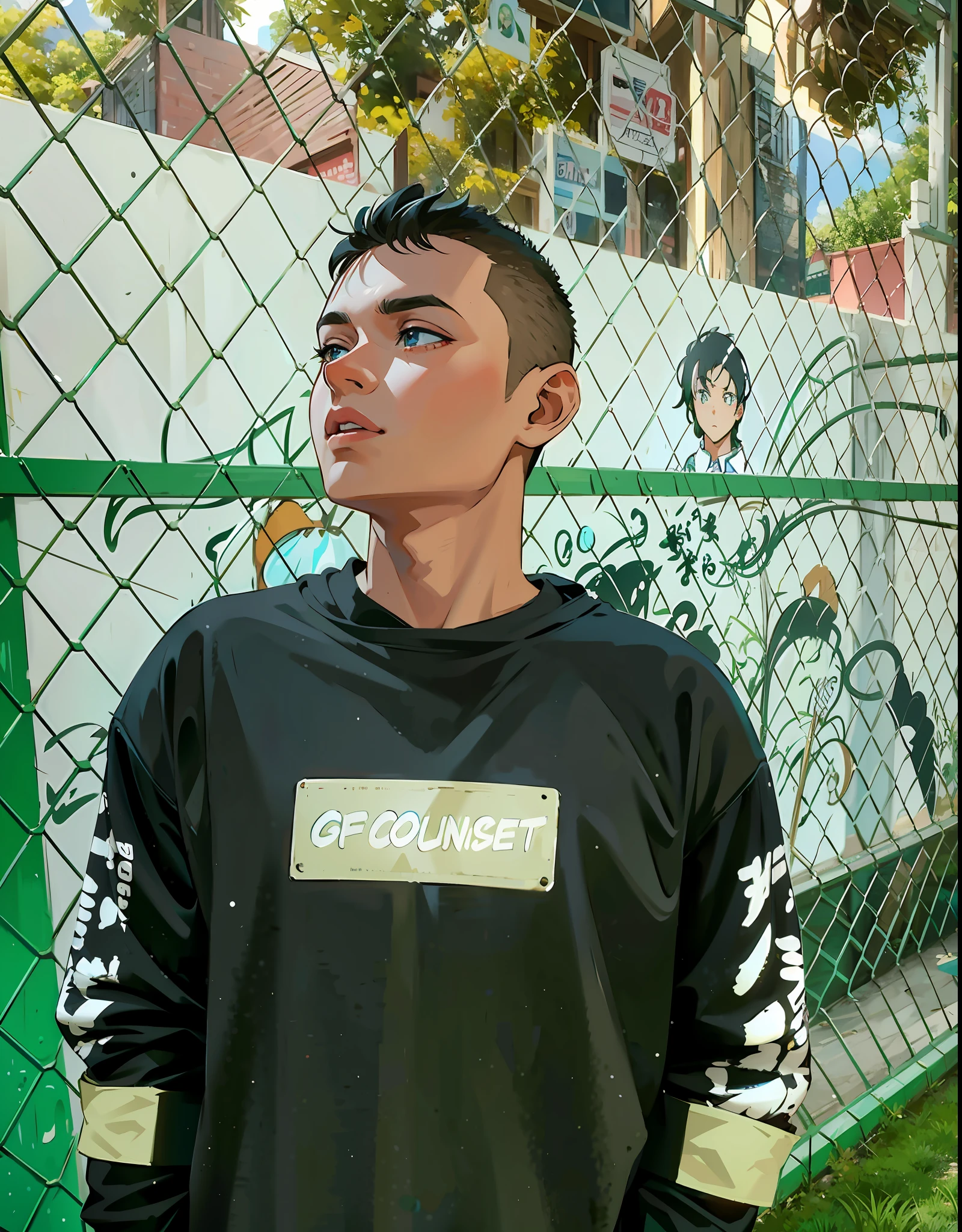 (masterpiece),(best quality:1.0), (ultra highres:1.0), detailed illustration, 8k, 1boy, anime boy, wearing t-shirt, detailed face, perfect face, anime eyes, detailed eyes, dark eyes, detailed hair, highlights in hair, sunny, day time, highly detailed, anime style, vibrant