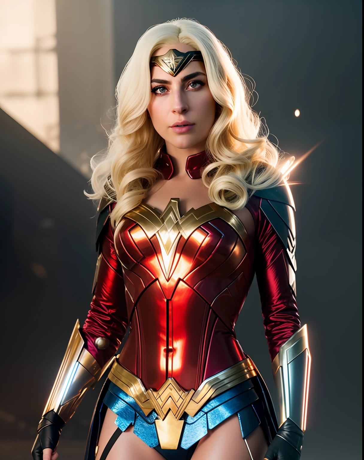 still from Lady Gaga movie, hero photo, (wearing Wonder Woman costume), soft lighting, unreal engine 5, photography, ((cybernetics)), (shiny skin), (blonde hair) inspired by Marek Okon, digital art, beeple style, masterpiece, best quality, high resolution, 8k wallpaper, cinematic, 4k, (illustration: 1.1), (extremely detailed 8k wallpaper from CG unit: 1.1)