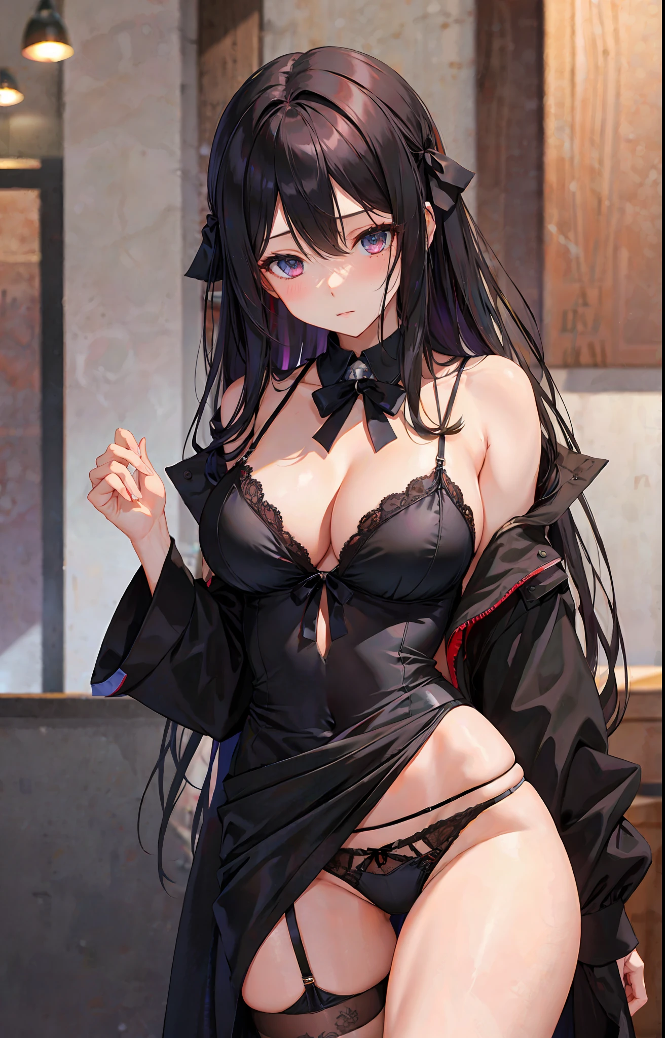 Black Panties, black underwear, black lingerie, revealing clothes, lingerie only, panty focus, large breasts, revealing, breasts focus, slender body, slim body, random hair style, dark hair color