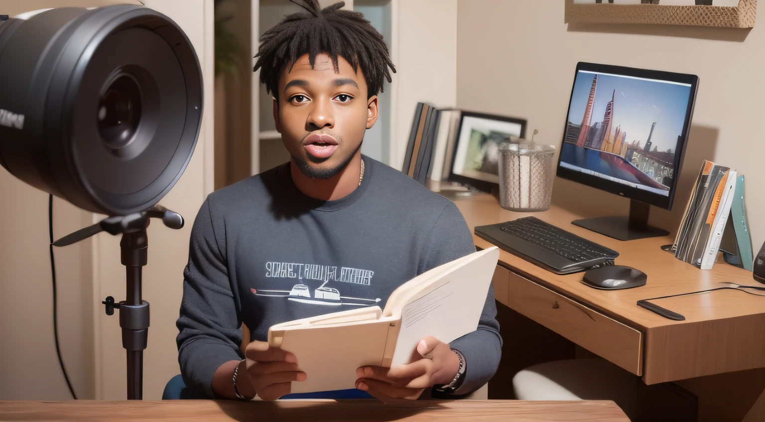 The young black male reader is a YouTuber passionate about history, culture and society, who uses YouTube to share with his audience informative and educational content. He is recognized for his striking voice and distinctive appearance, with short hair, short beard and a normal clothing style, which conveys an authentic and accessible image.
Upon entering his studio, he prepares to begin recording his next video. He adjusts the lights and the audio and video equipment, puts the books he will use as a research source on the table and begins to focus on the subject he will address.
With everything ready, the influencer begins to narrate your video with enthusiasm and passion for the topic you are addressing. He uses a clear and objective language, making use of examples and stories that allow the audience to understand the importance of the subject and connect with the emotions it seeks to convey.
During the recording, the young black male reader maintains a natural and relaxed posture, conveying empathy and creating a connection with the audience. He knows that the quality of the content and the connection with his followers are fundamental to the success of his channel and to his career as a digital influencer.
At the end of the recording, he reviews the material to ensure that everything is perfect and ready to be posted on his channel. He is eager to share this new content with his audience and knows that it will help them learn more about history, culture and society.