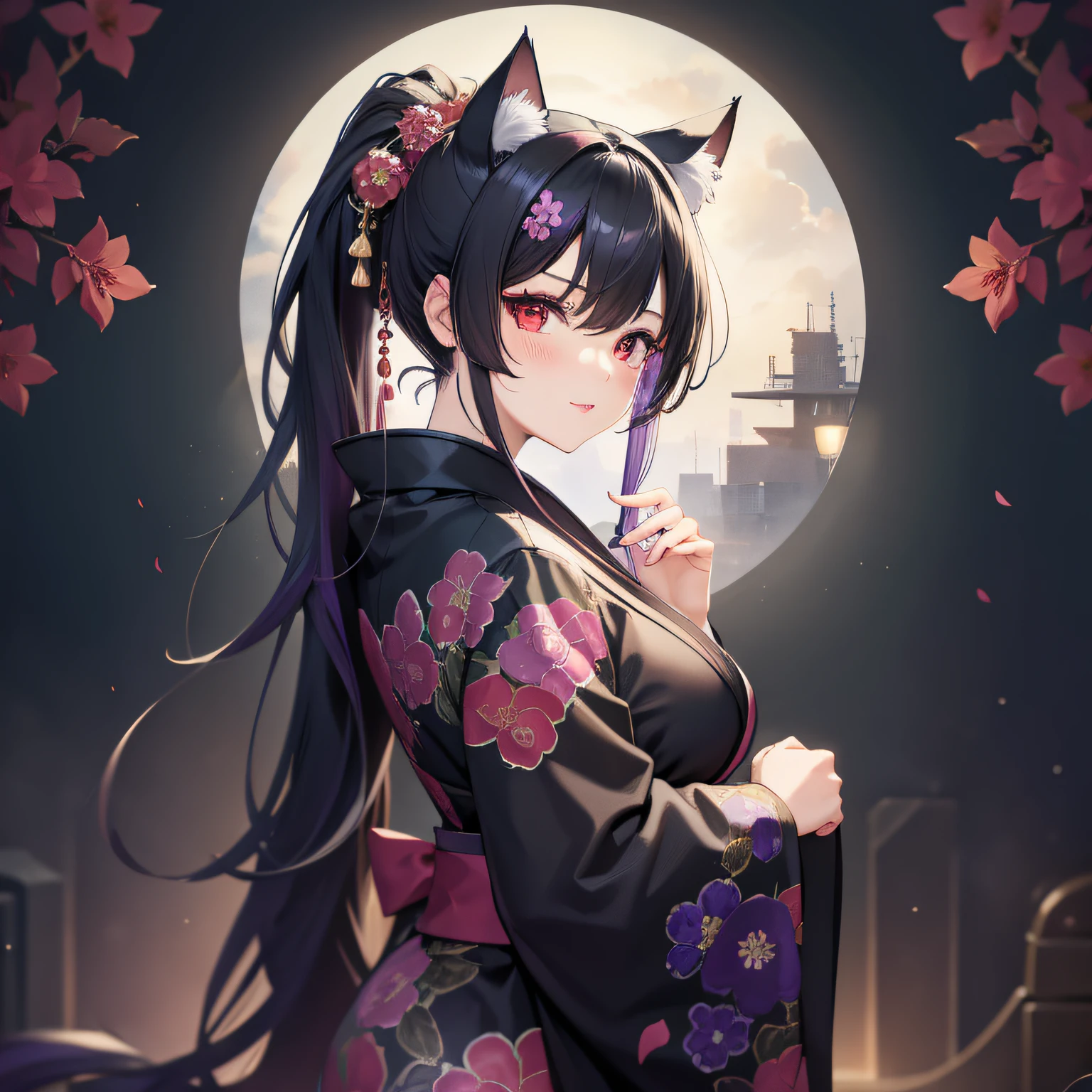 masterpiece, high resolution, high quality, black kimono, purple hair ornament, big, cat ears, floral pattern, red eyes, NSFW, black hair, ponytail, seduction,