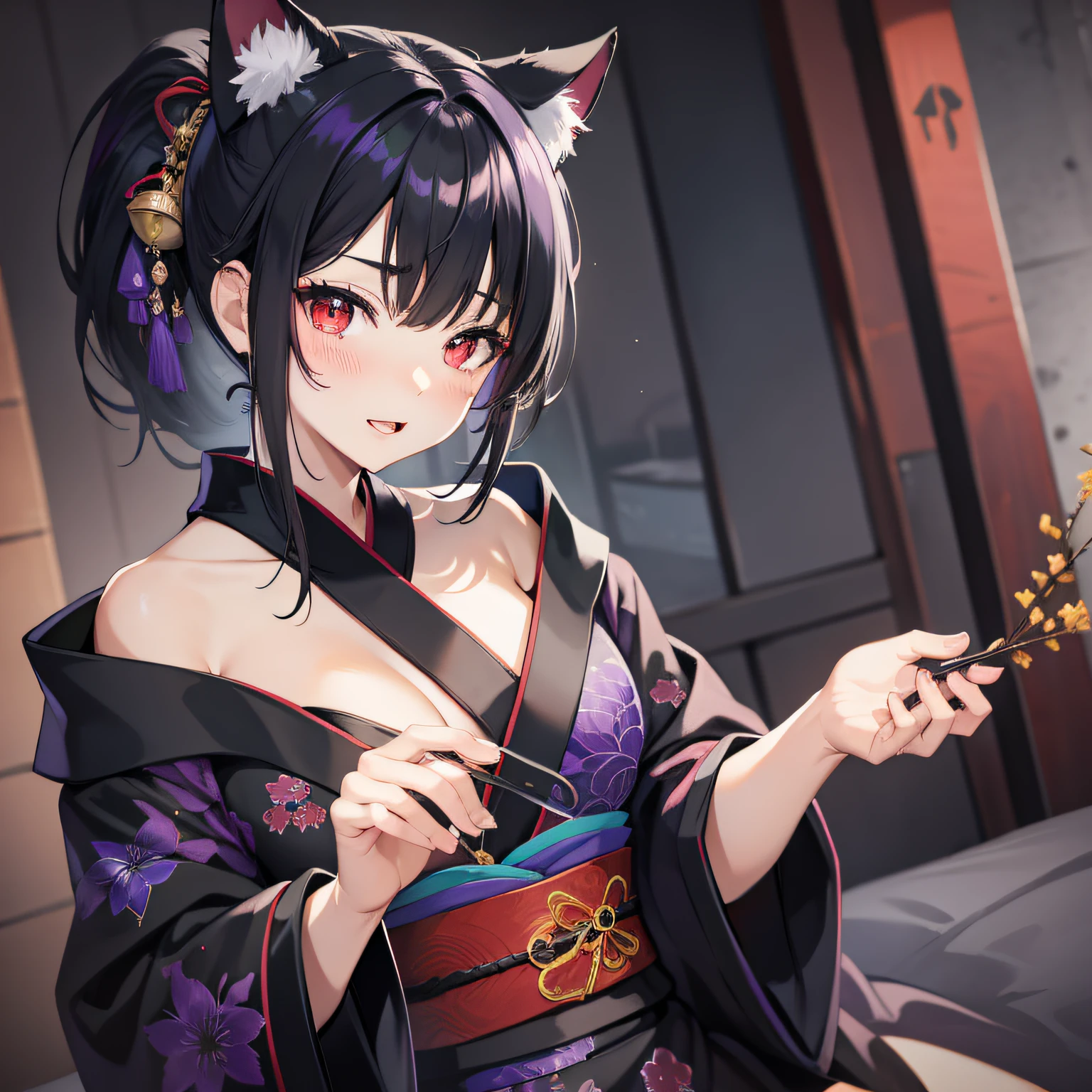 masterpiece, high resolution, high quality, black kimono, purple hair ornament, big, cat ears, floral pattern, red eyes, NSFW, black hair, ponytail, seduction,