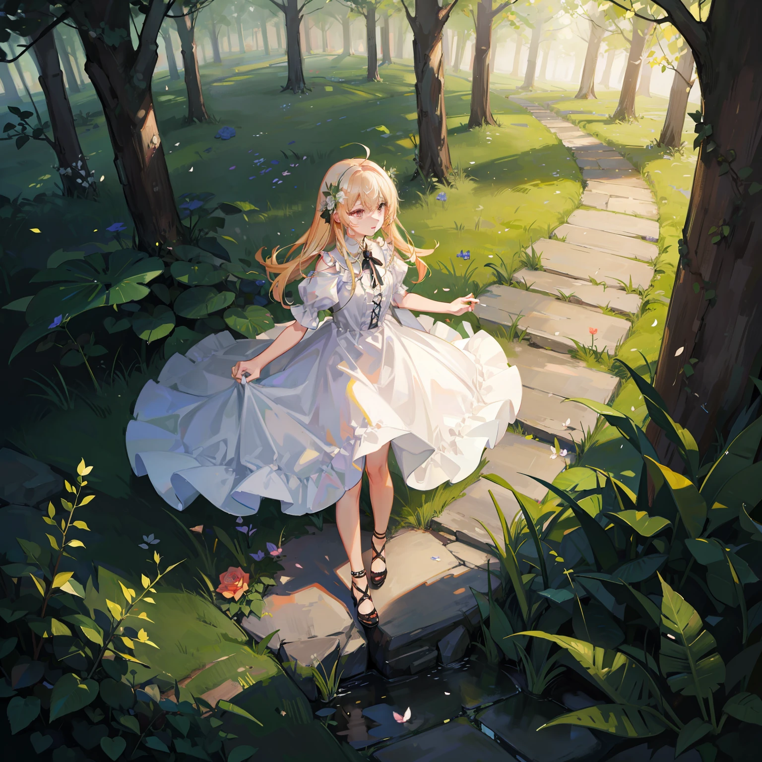 A small path in the forest,flower,write rose,light,Conceptual art, sparkle, high quality