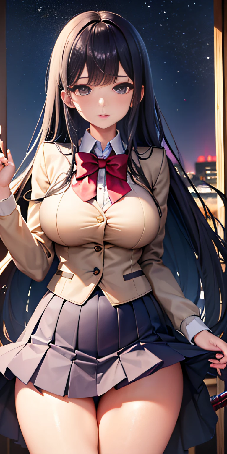 Super Detailed 8K CG, High School Girl, School Uniform, Perfect Face, Beautiful Face, Perfect Cute Face, Beautiful Girl, Big, Outdoor, Viewer, Beautiful Night View, Beautiful Thighs, Panties Are Visible, Panty Shot, Holding a Sword, Holding a Sword