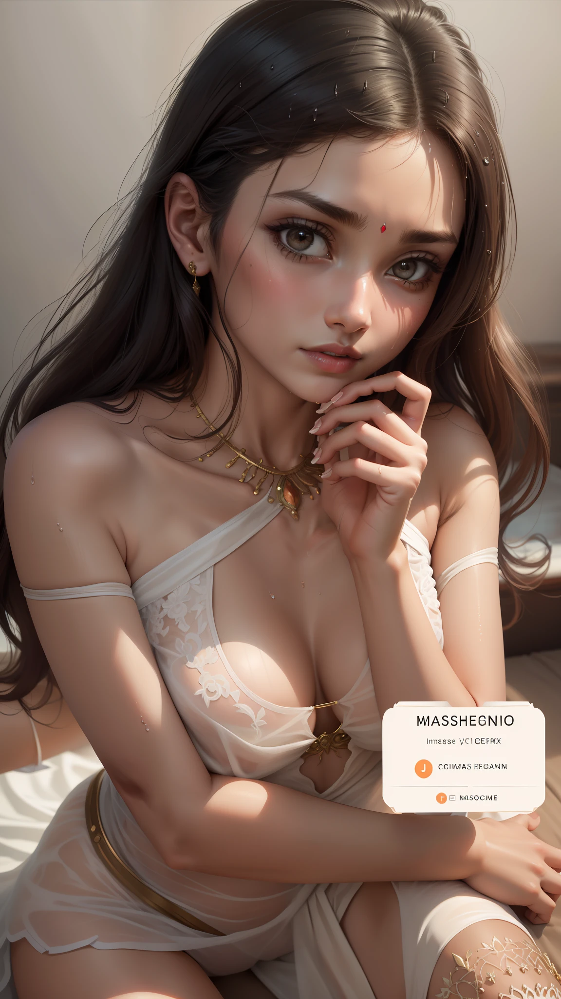 (Masterpiece), (Best Quality), (Details), Light Layer, 1 Solo Girl, Sexy Indian Sally Dress, Perfect Body, Defined, Defined Clavicle, Wearing Jewelry, Ultra Realistic, Photorealistic, Detail, Perky Nipple See-through, Wet Clothing,Vagina,Eroticism